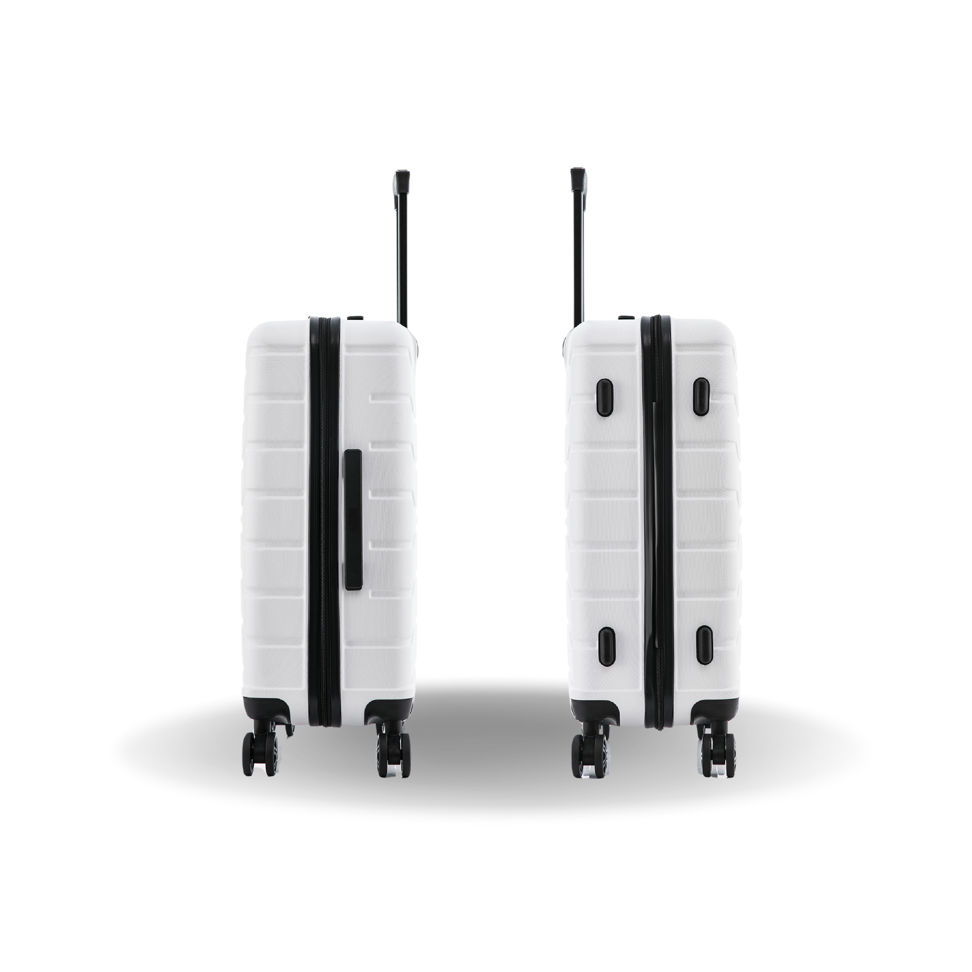 Two white suitcases with black accents on a white background
