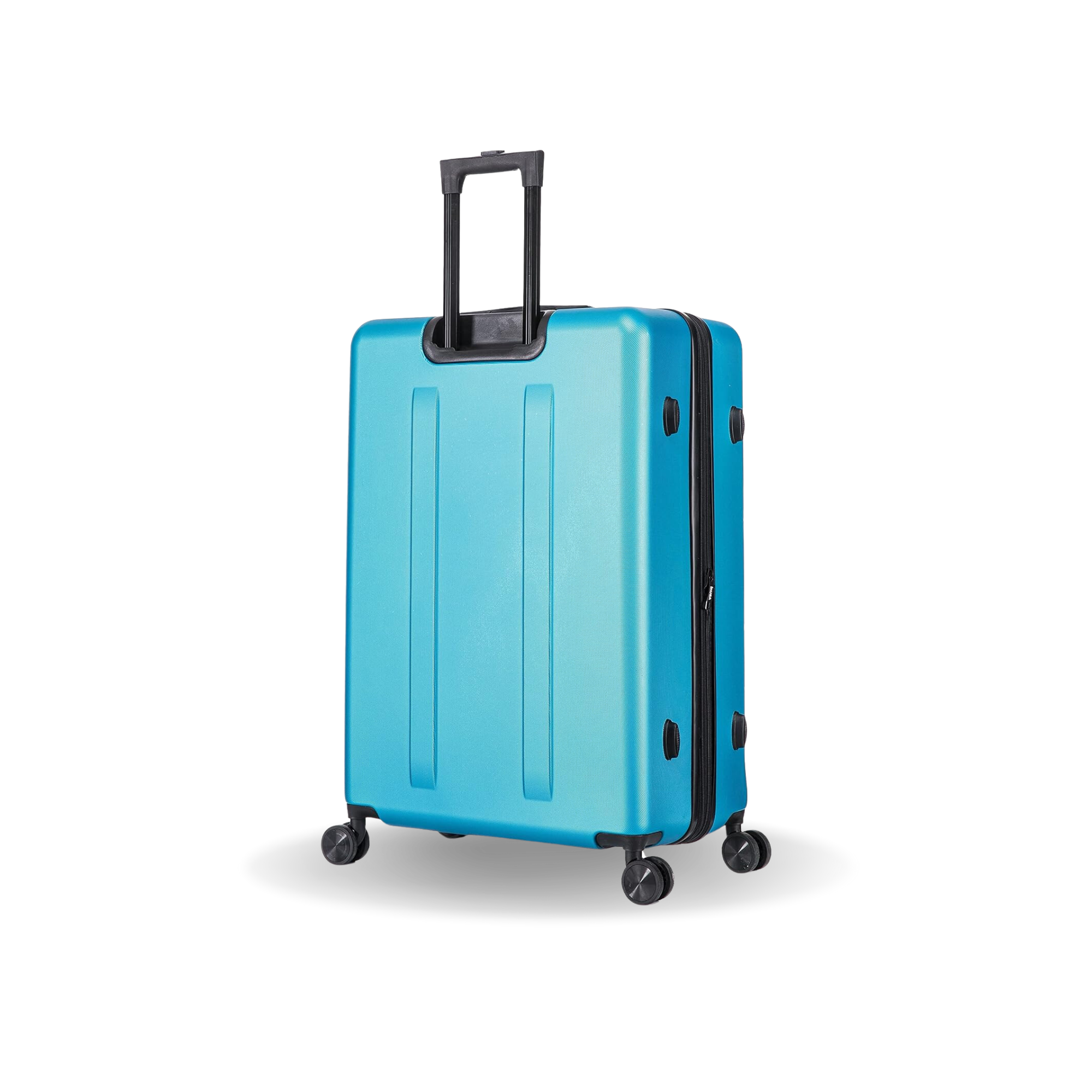 Blue suitcase with a black handle on a white background