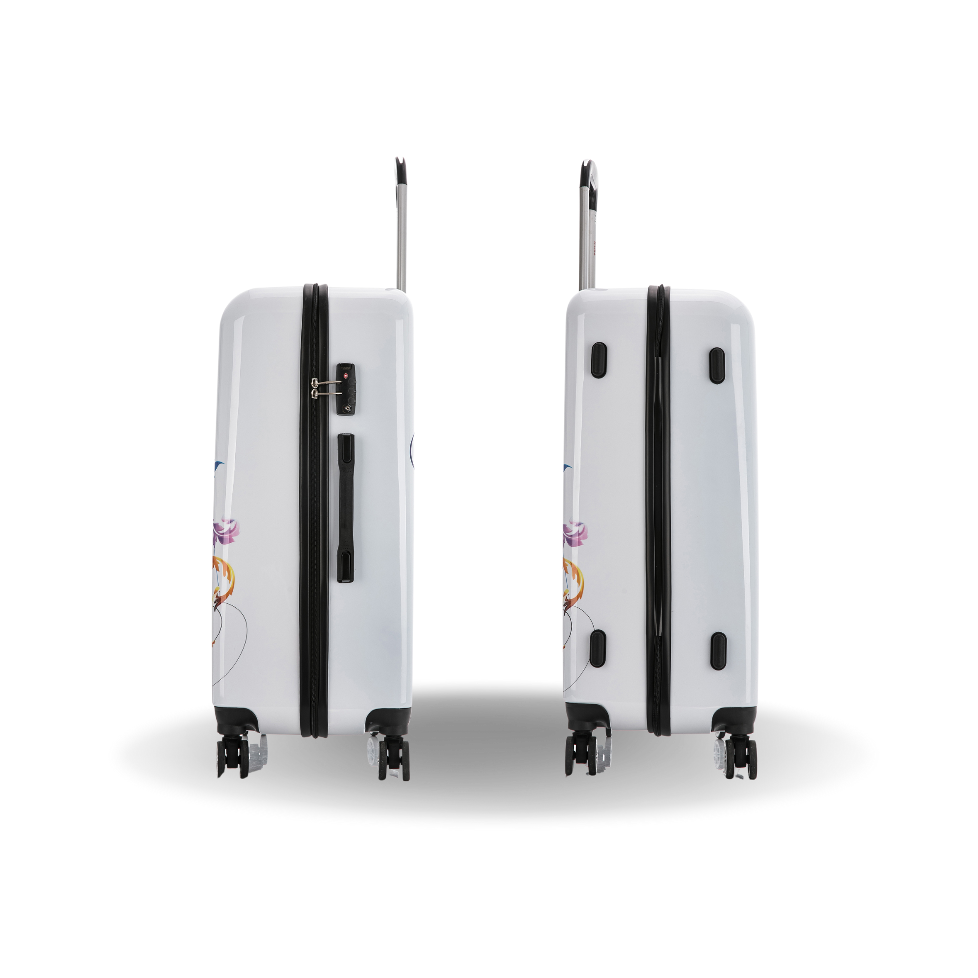 Two white suitcases with floral designs on a white background