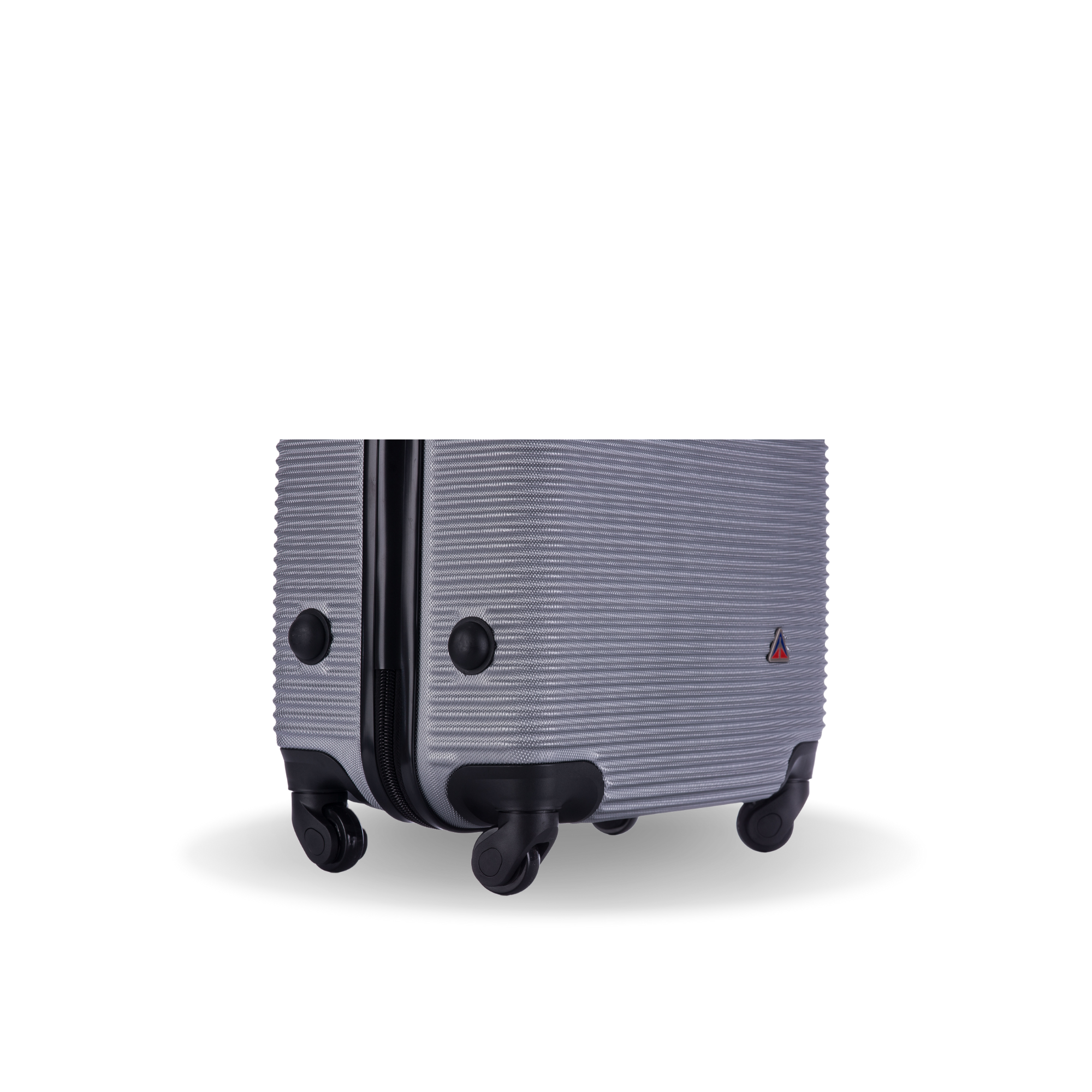 Gray suitcase with black wheels on a white background