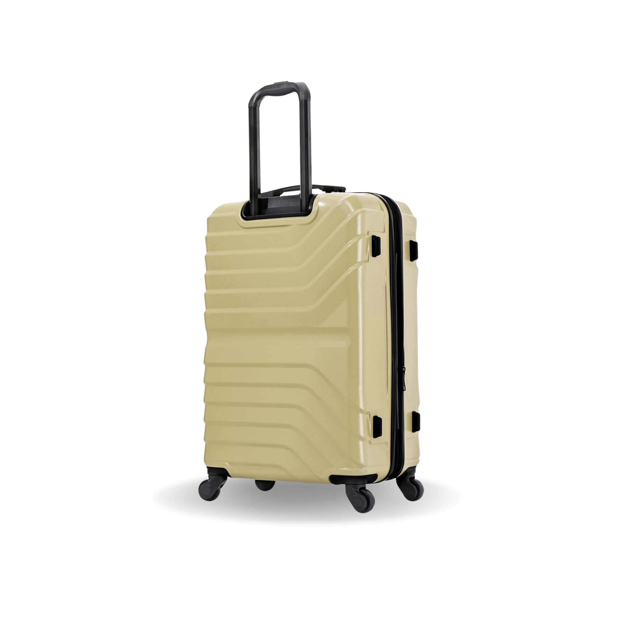 Beige suitcase with black handle and wheels on a white background