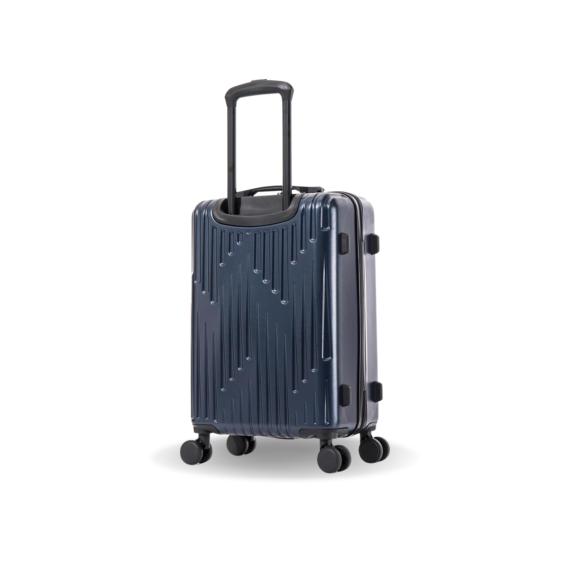 Blue suitcase with wheels on a white background