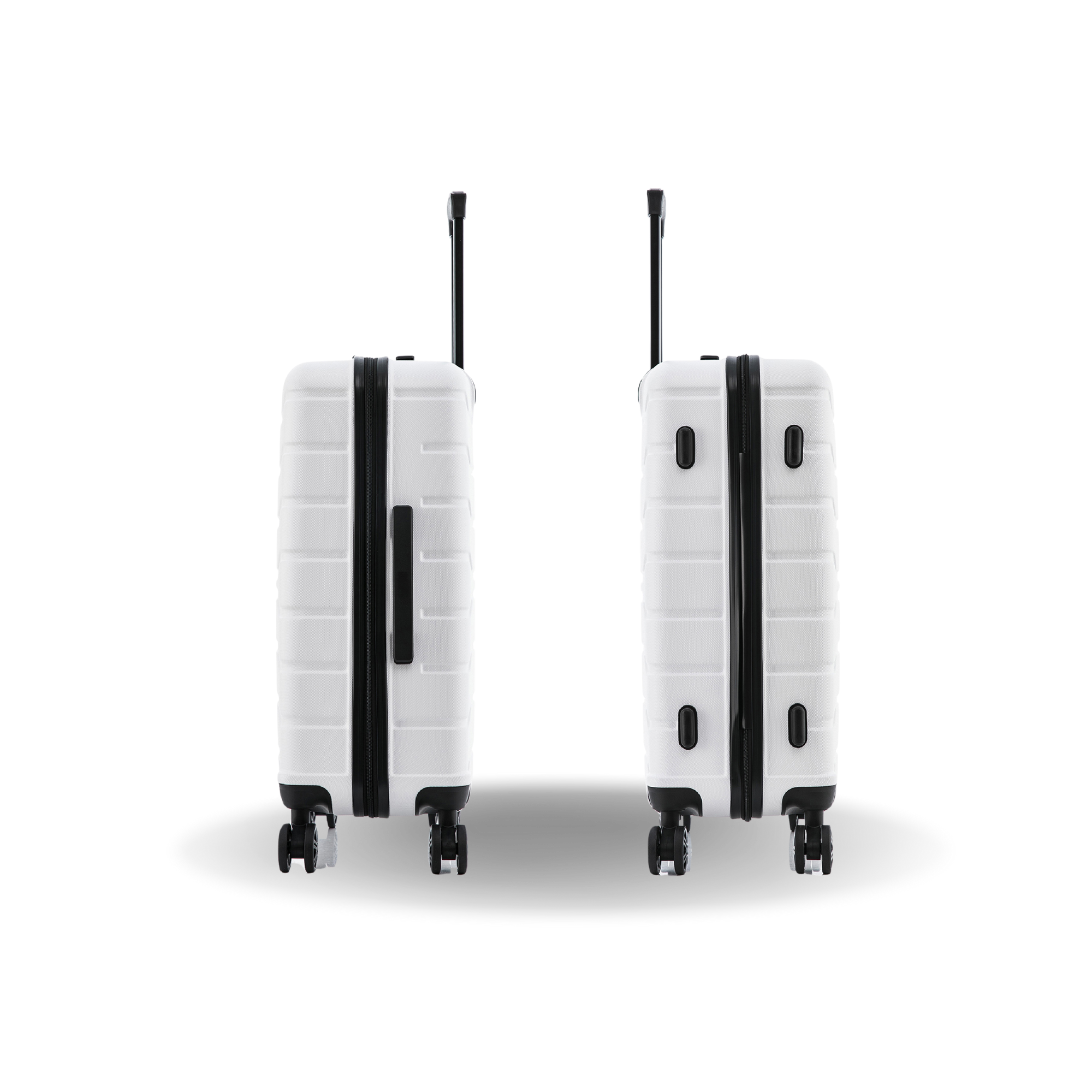 Two white suitcases with black accents on a white background