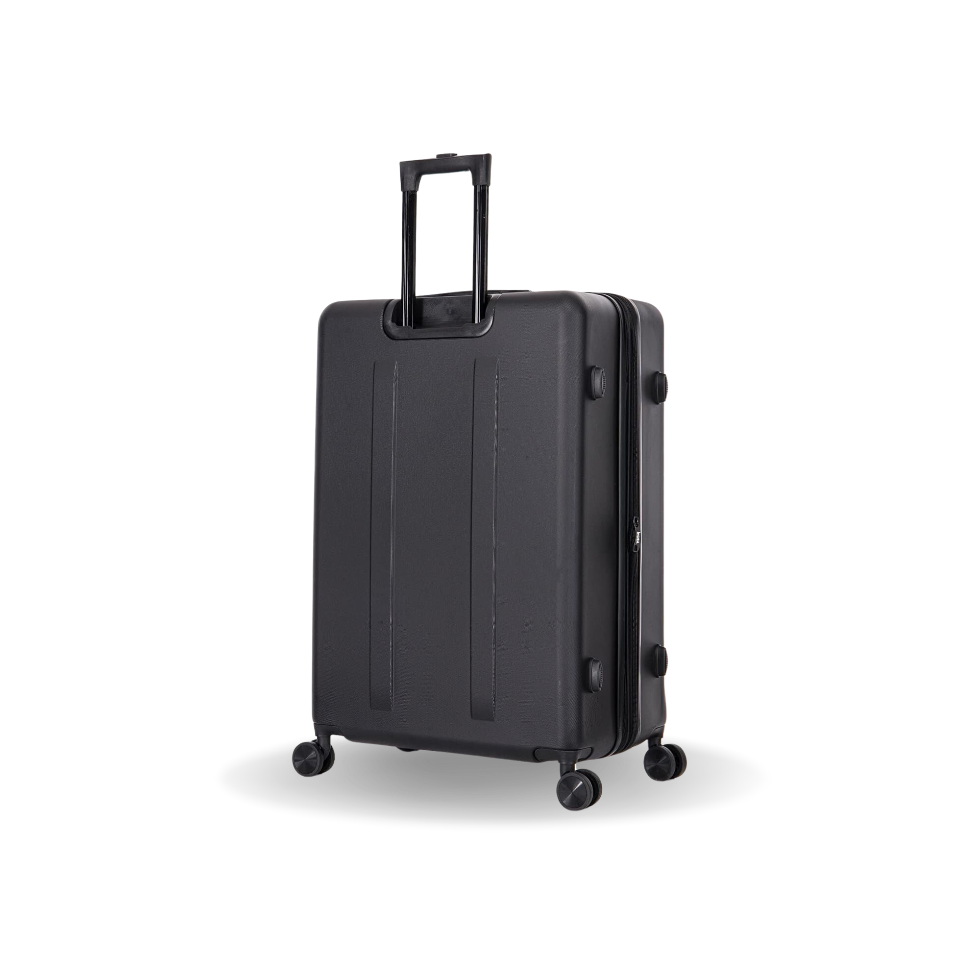 Black suitcase with wheels on a white background