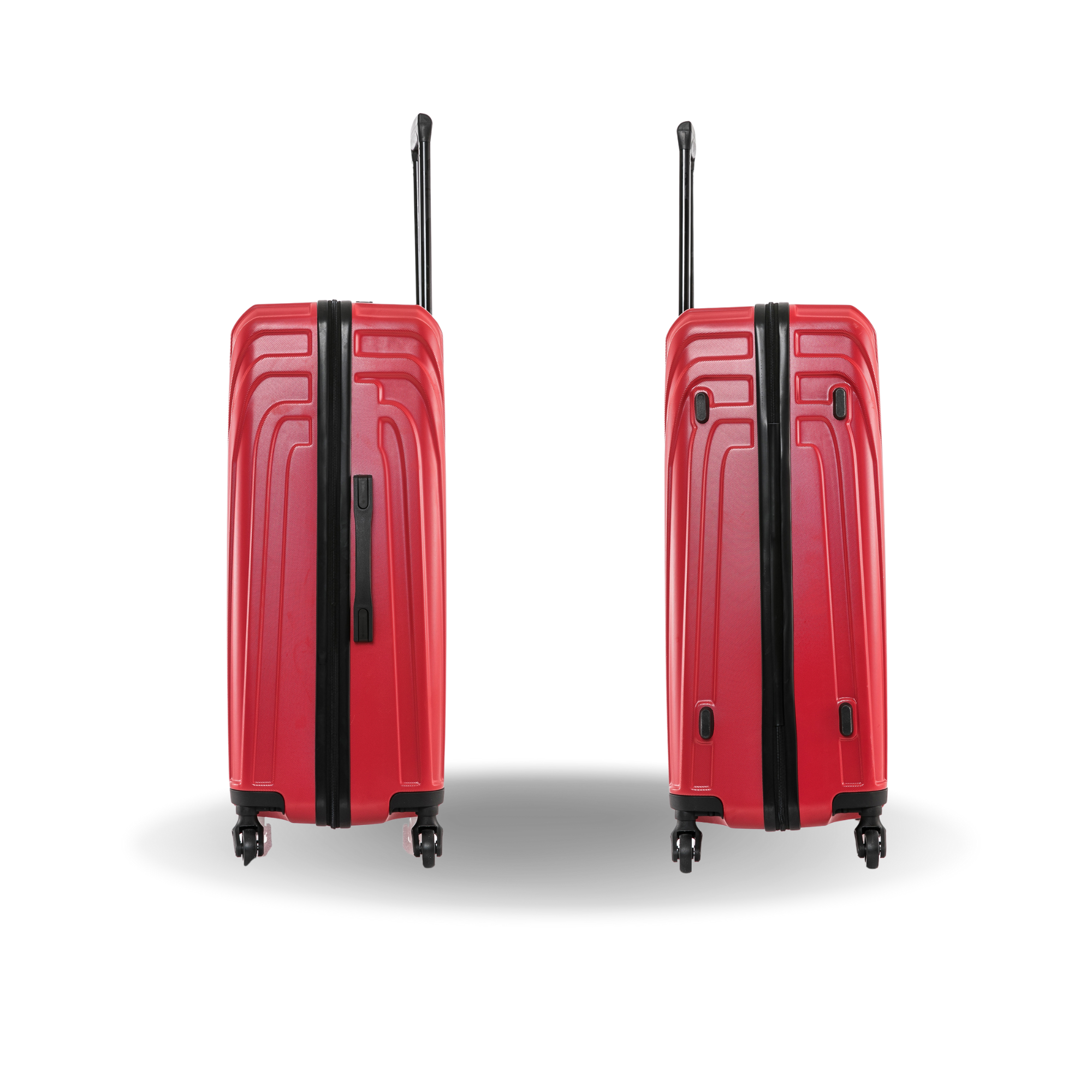 Two red suitcases with black straps on a white background