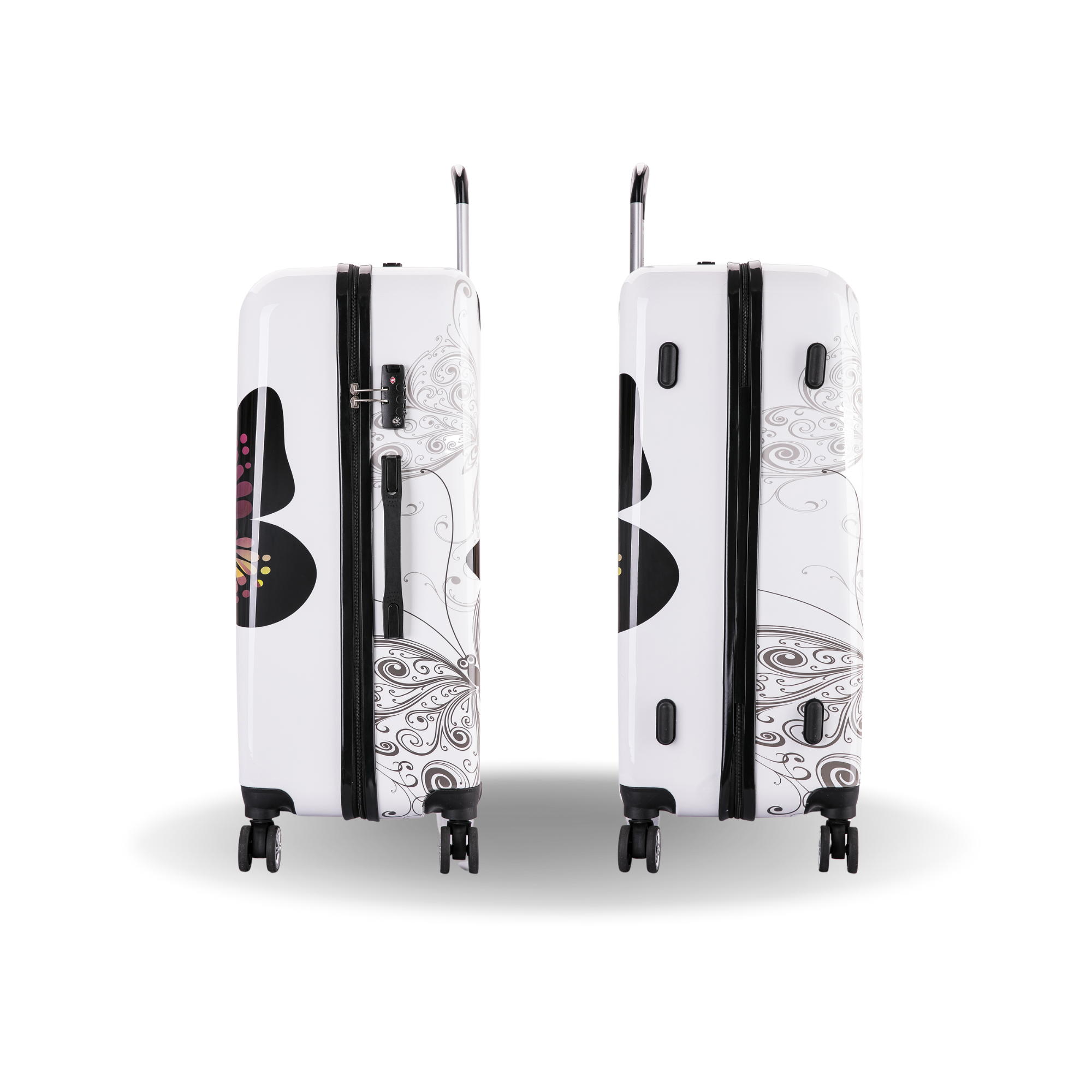Two white suitcases with black and gray patterns on a white background