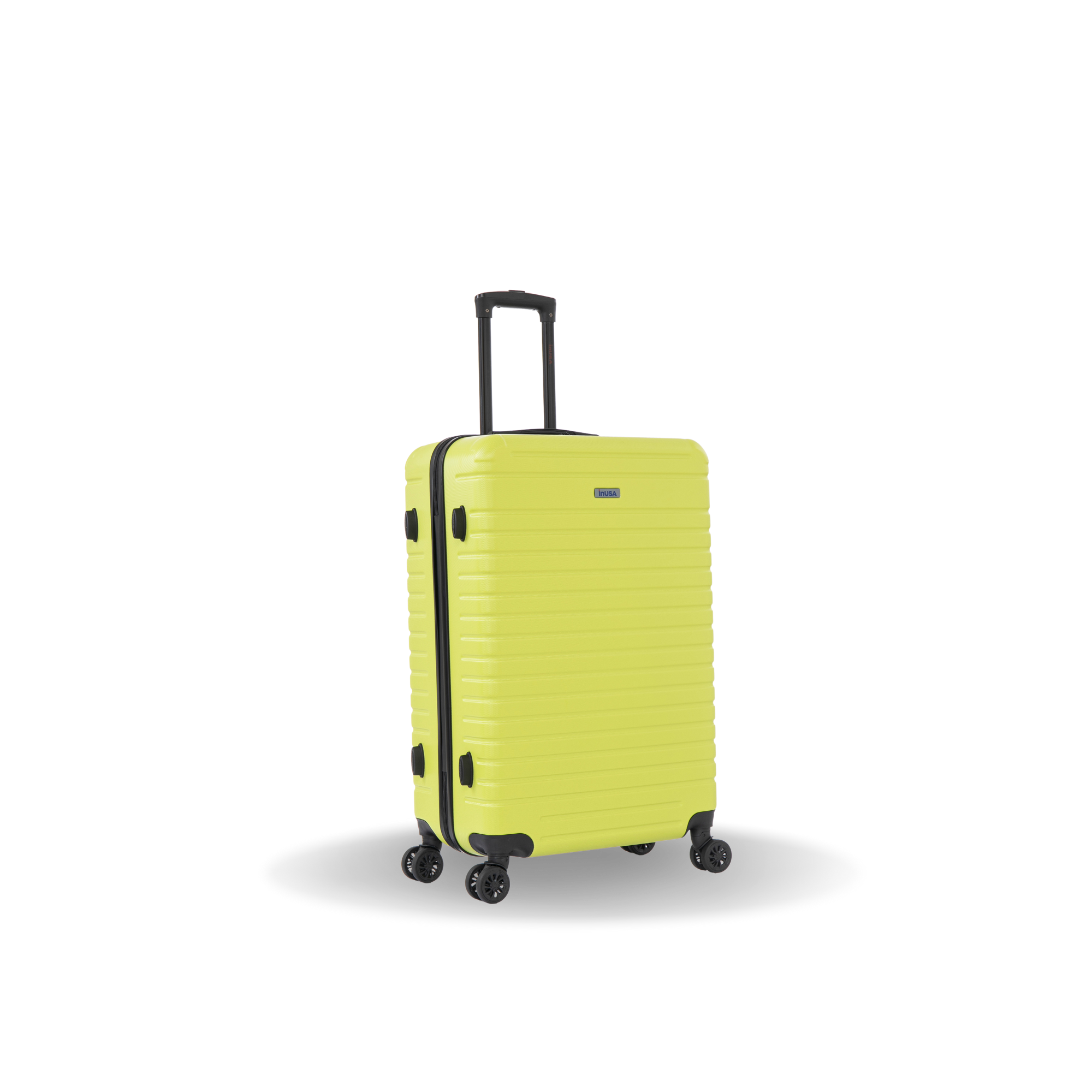 Yellow suitcase with black wheels and handle on a white background
