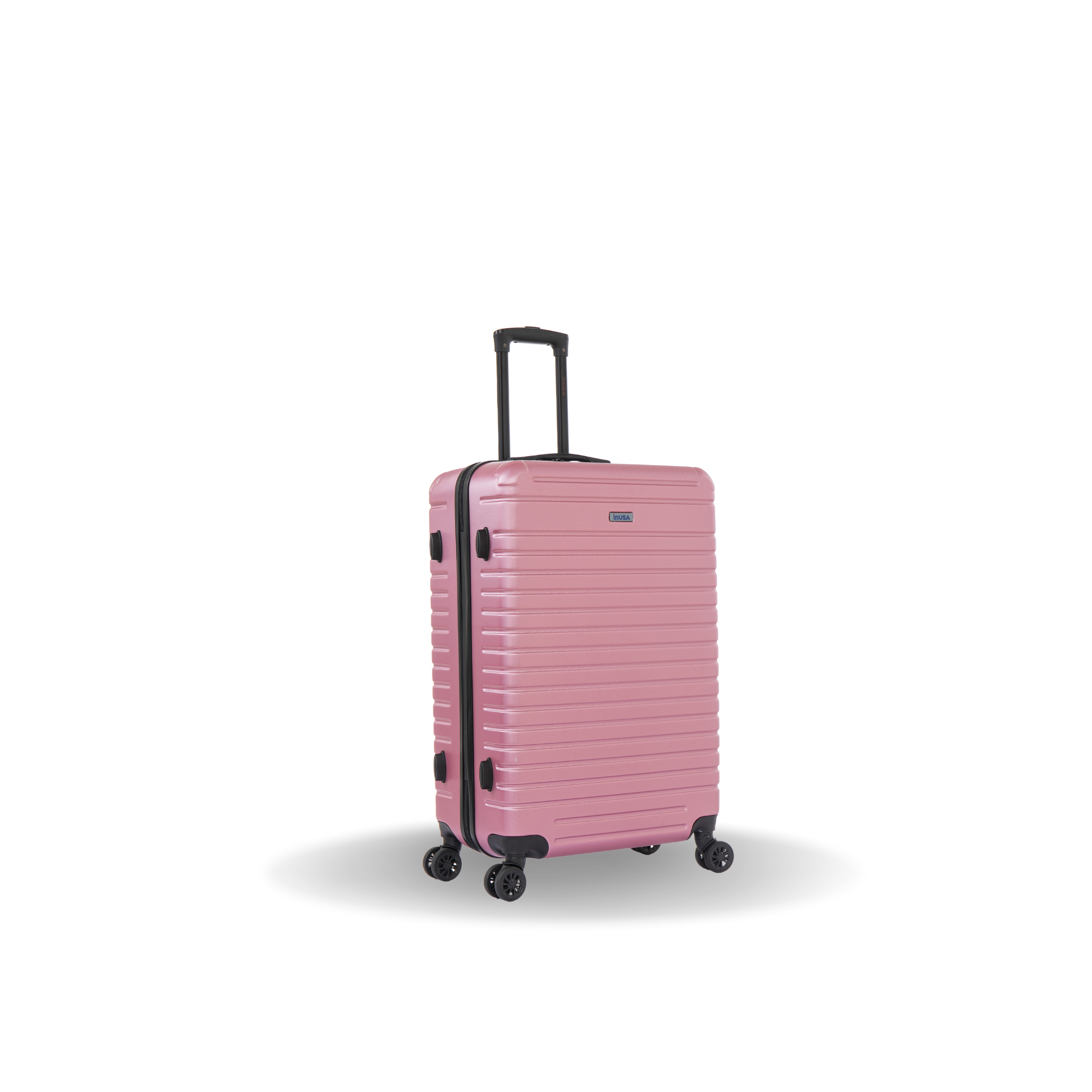 Pink suitcase with black wheels and handle on a white background