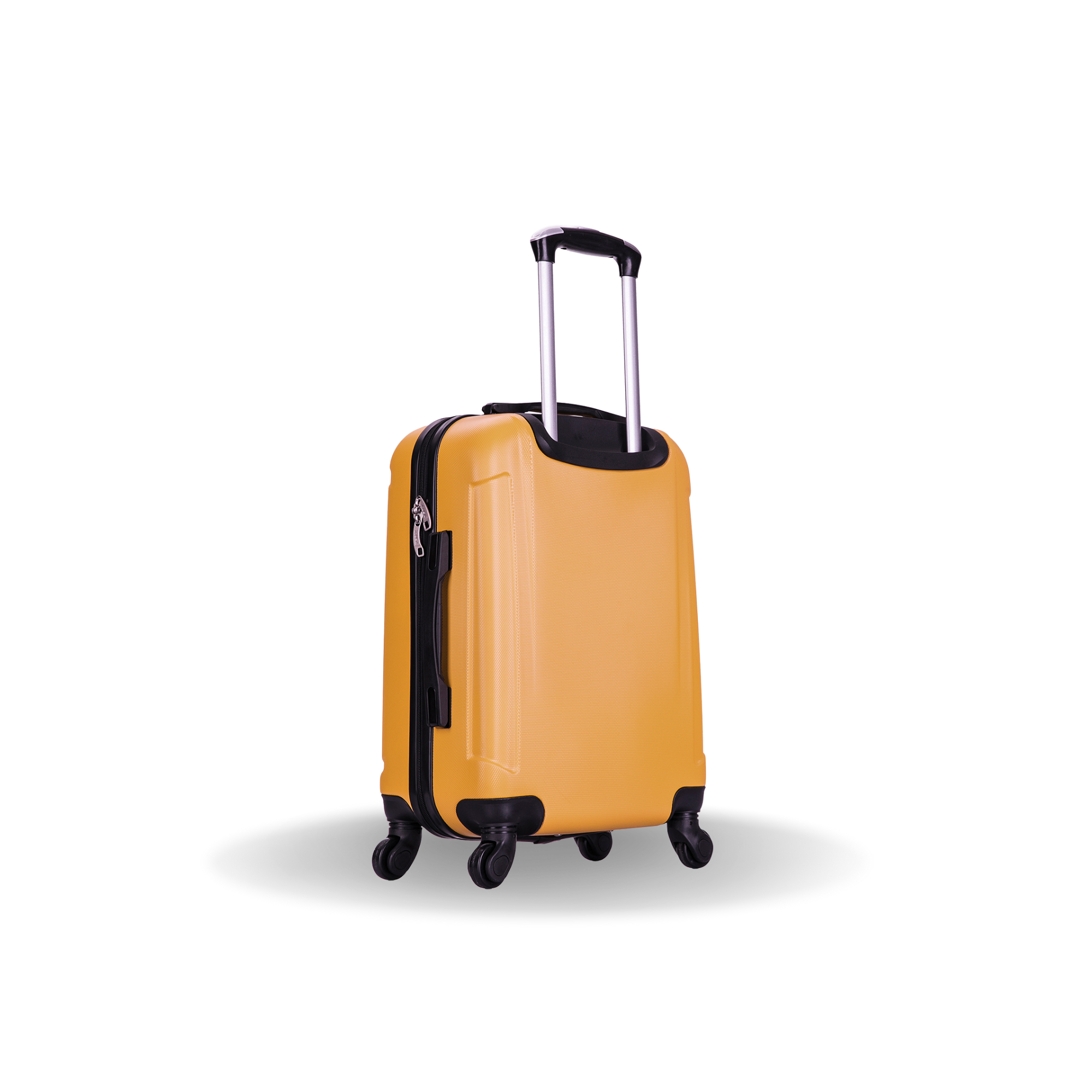 Yellow suitcase with black wheels and handle on a white background