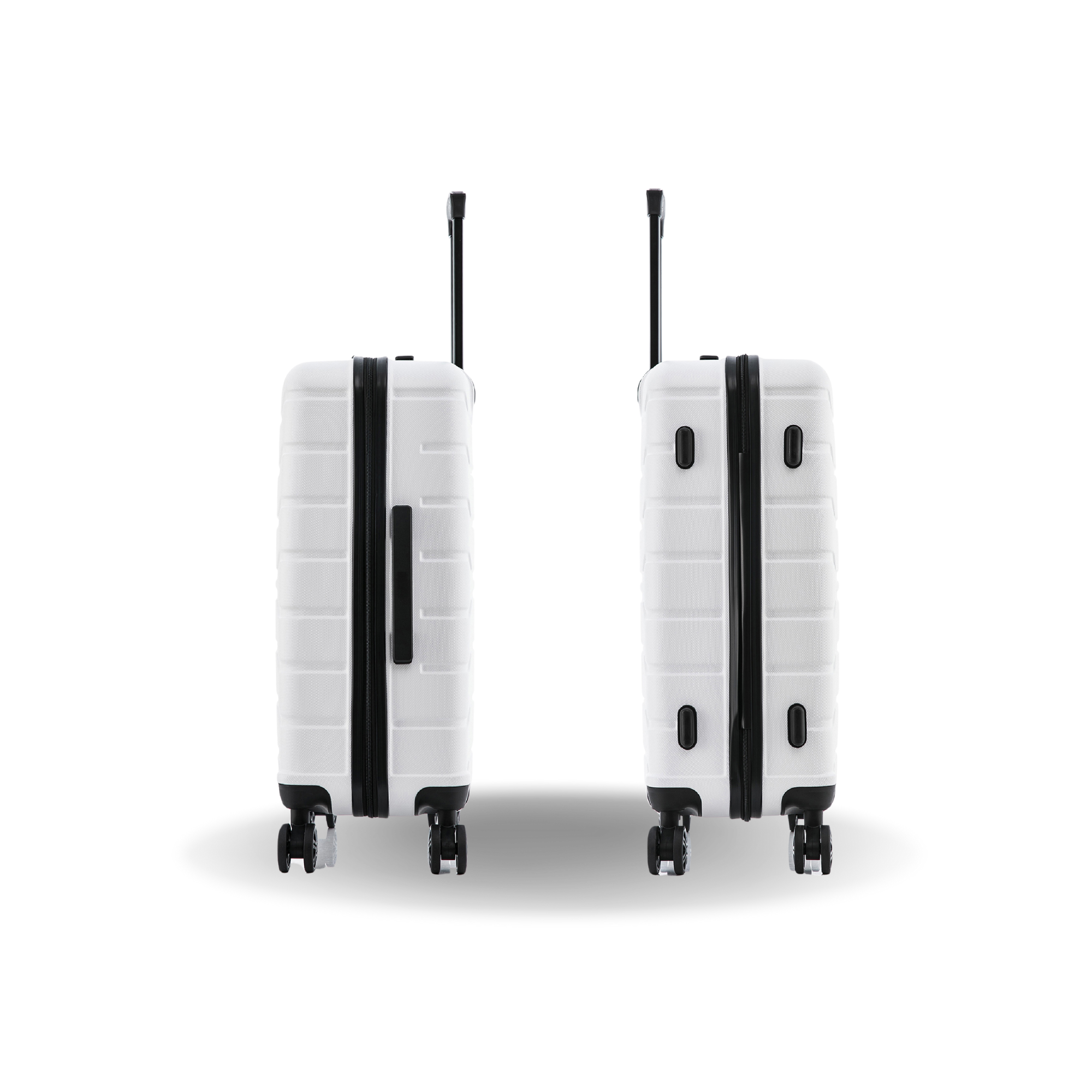 Two white suitcases with black accents on a white background