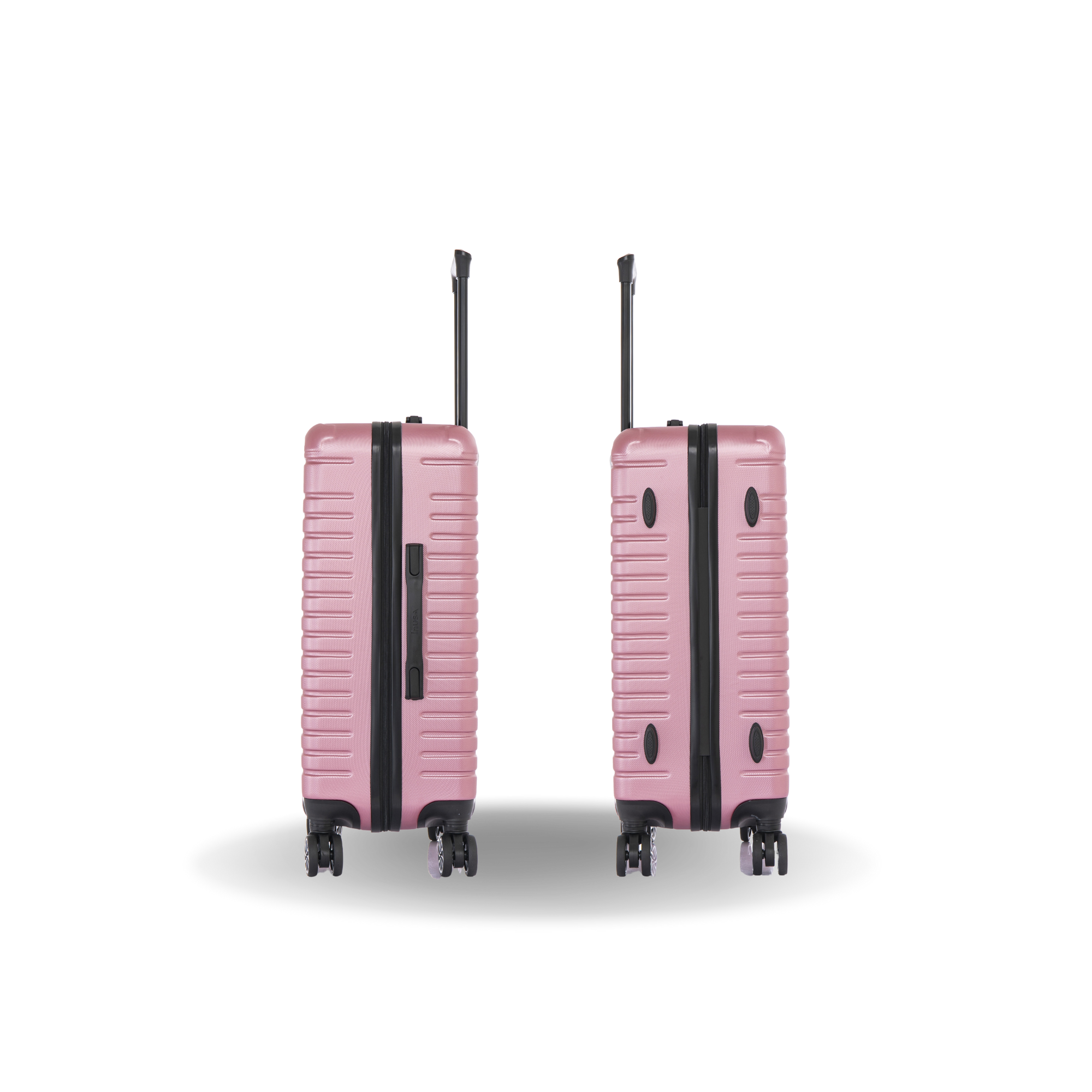 Two pink suitcases with black accents on a white background
