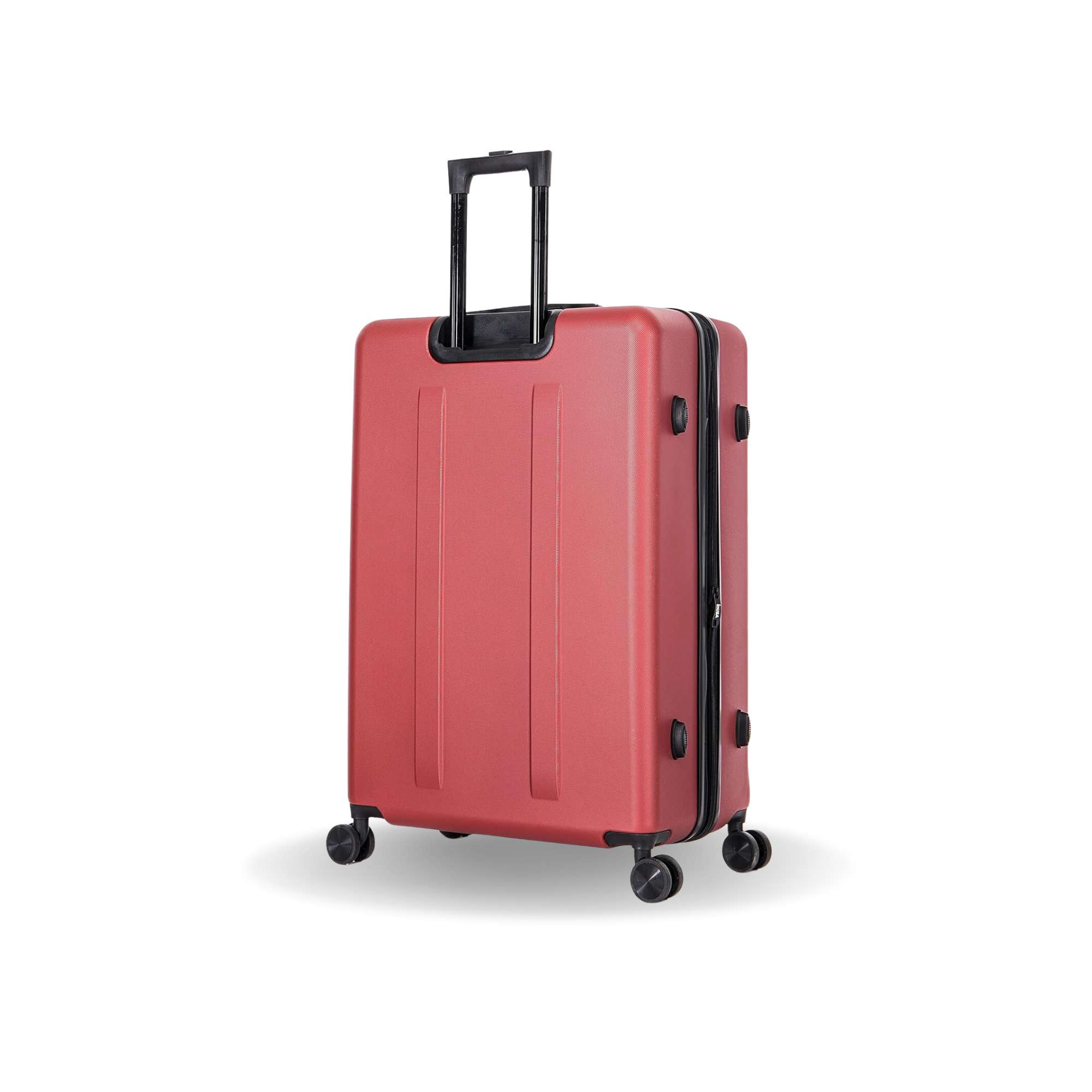 Red suitcase with a black handle on a white background