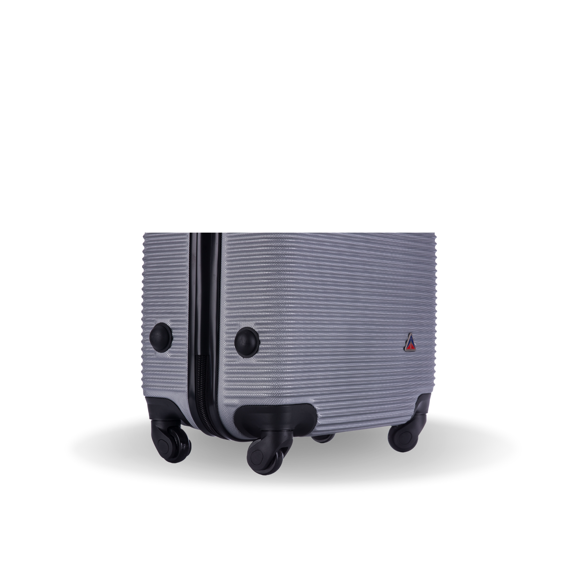 Gray suitcase with black wheels on a white background