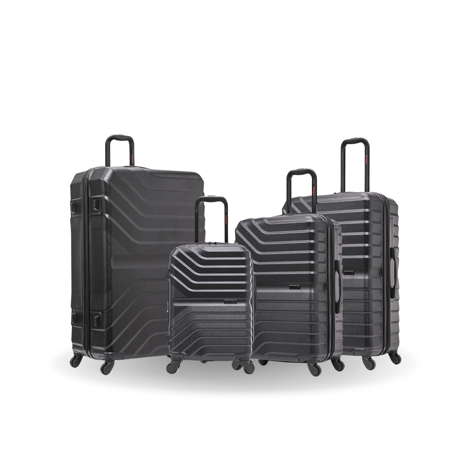 Set of black suitcases of different sizes on a white background