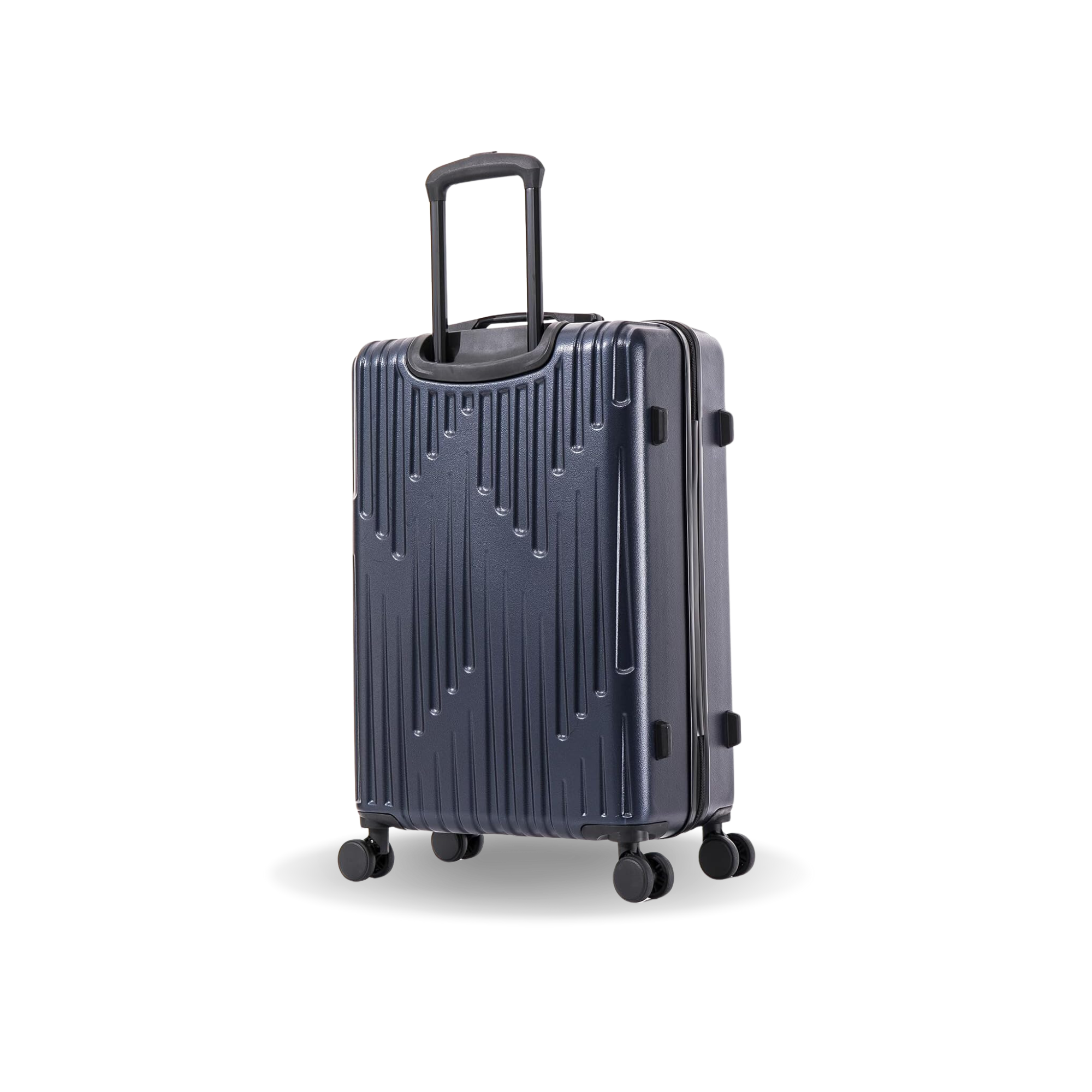 Blue suitcase with a textured surface on a white background
