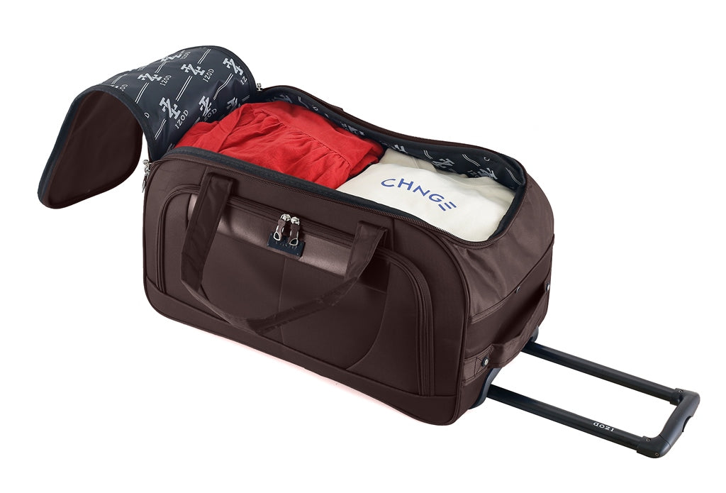 Brown rolling duffel bag with red garment and white box on a white background