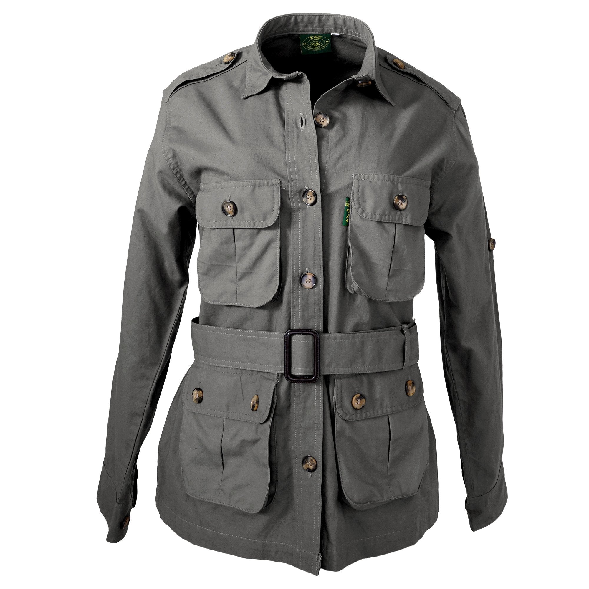 Gray jacket with multiple pockets and a belt on a white background