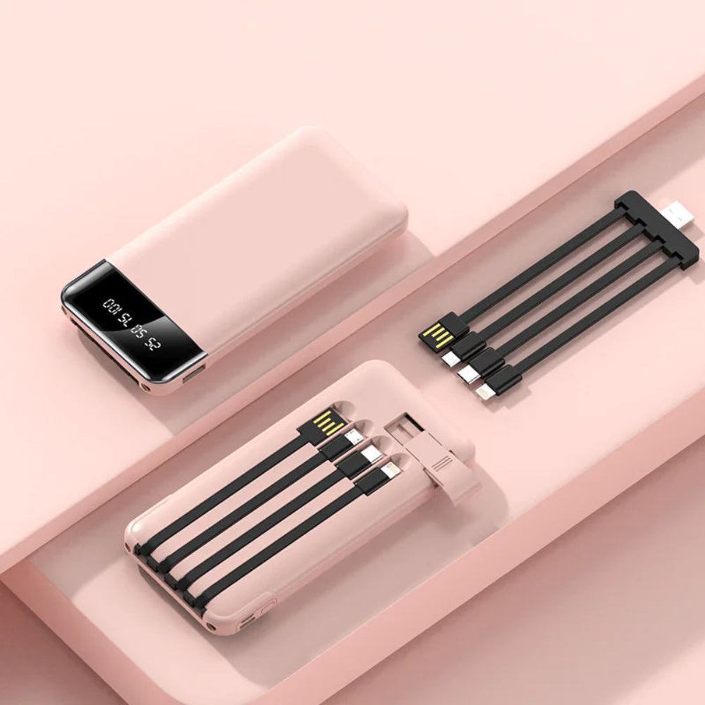 Set of electronic devices including a power bank and charging cable on a pink surface