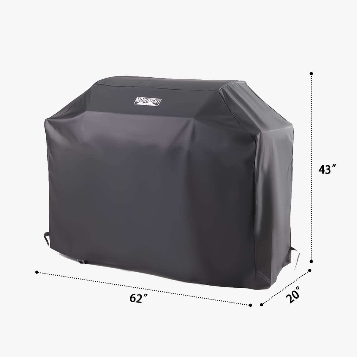 Black grill cover with dimensions on a white background