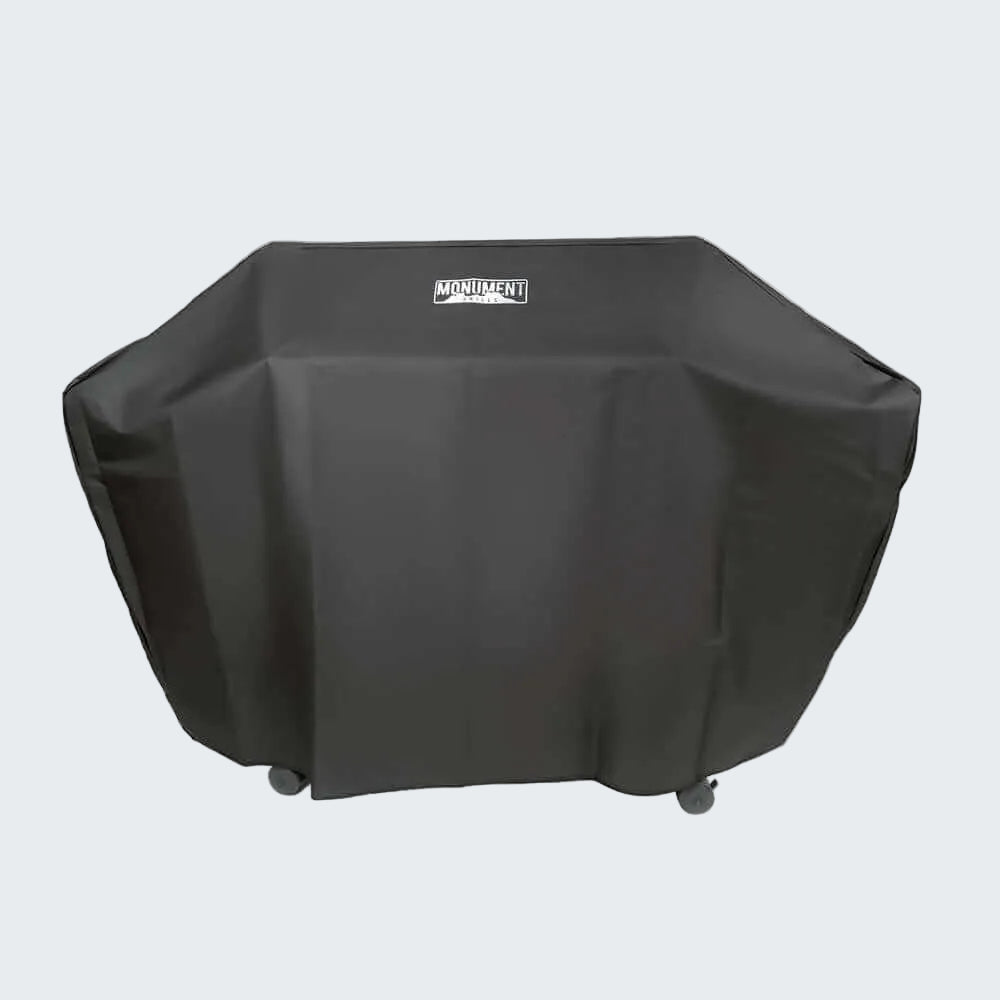 Black grill cover with a brand logo on a white background