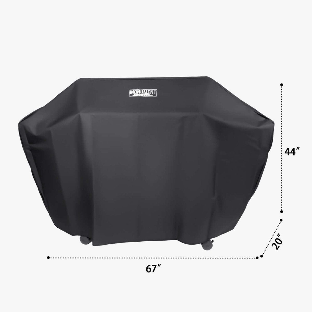 Black grill cover with measurements on a white background