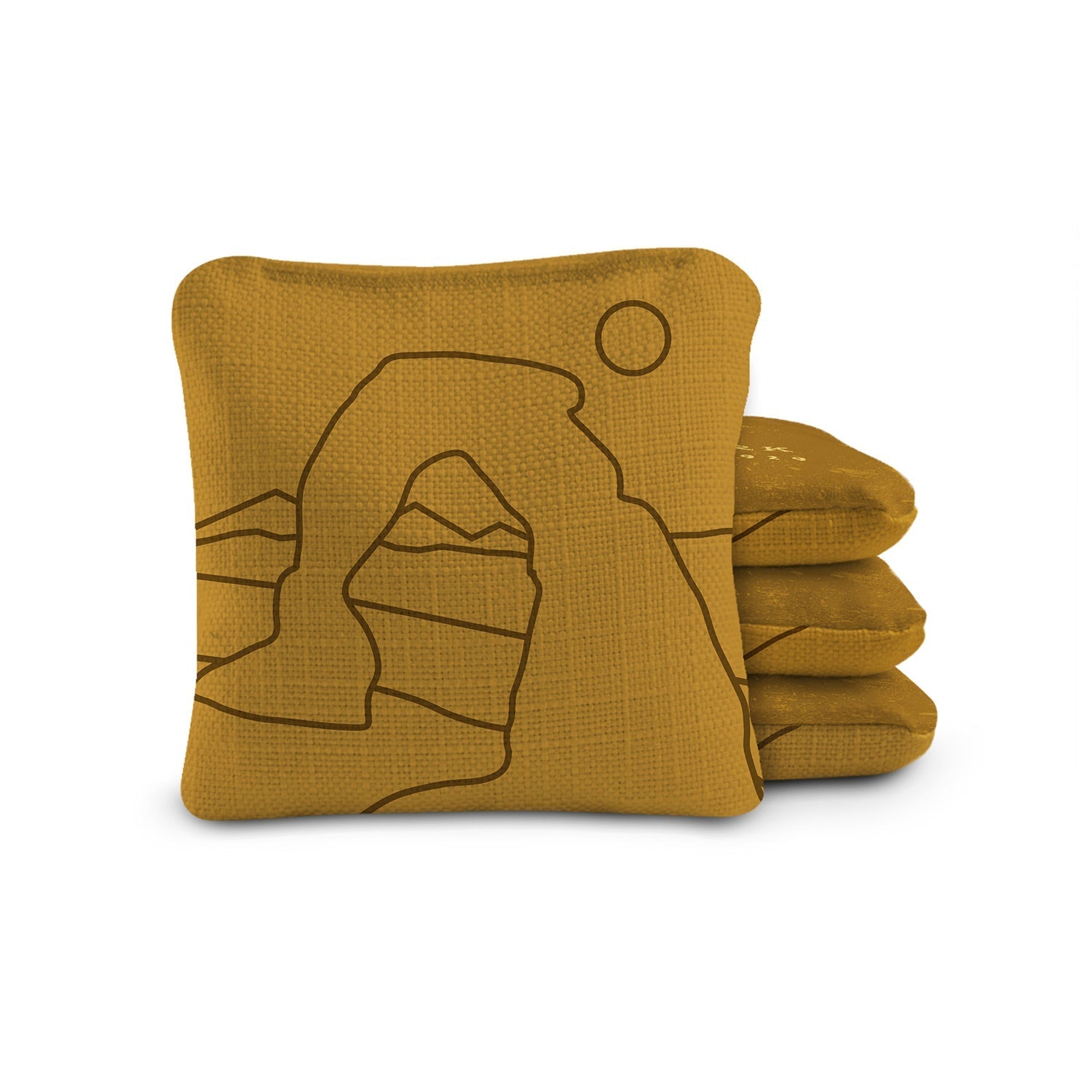 Mustard yellow fabric with a hand and mountain design on a white background