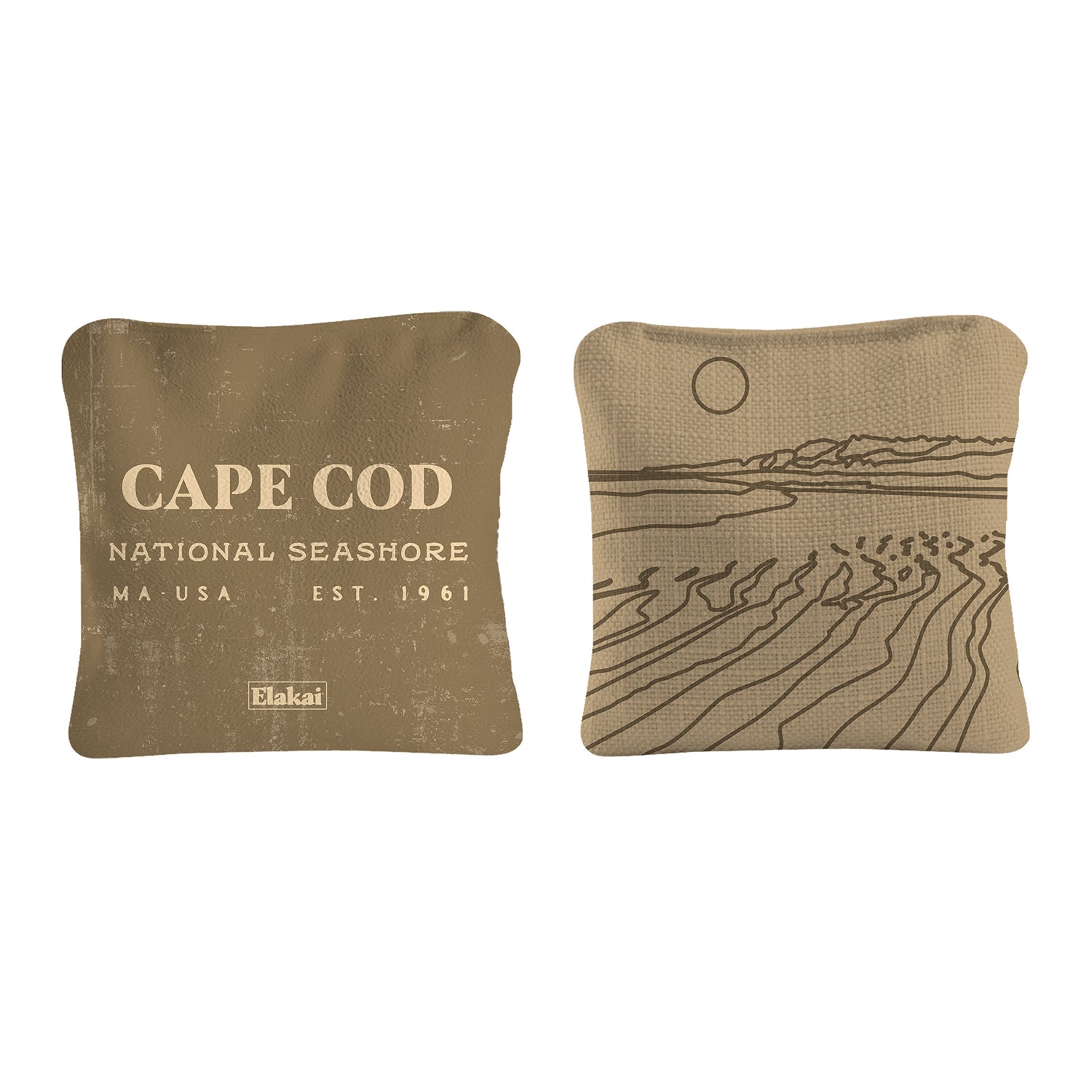 Two brown pillows with 'Cape Cod National Seashore' text and a landscape design on a white background.