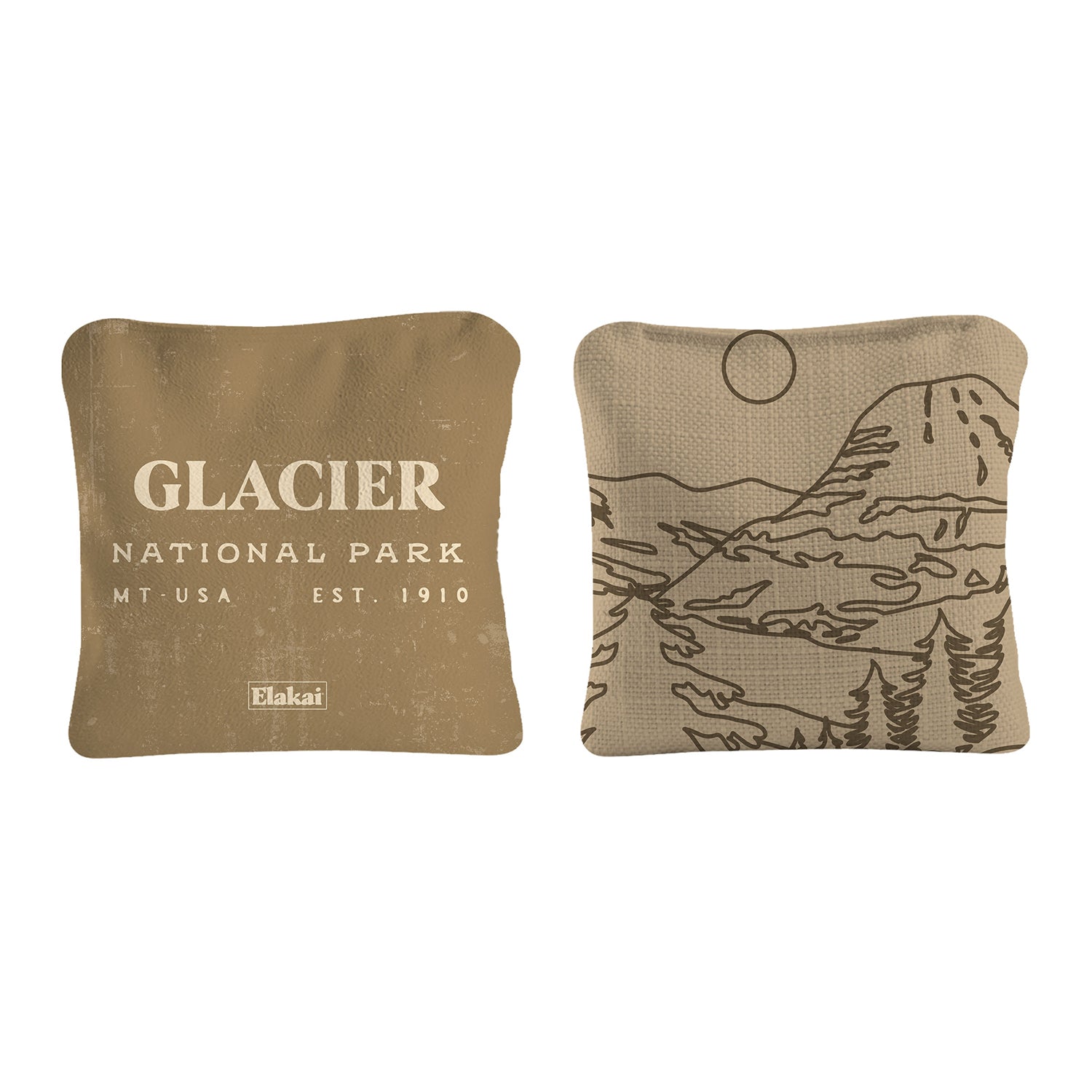 Two brown pillows with 'Glacier National Park' text and nature illustration on a white background