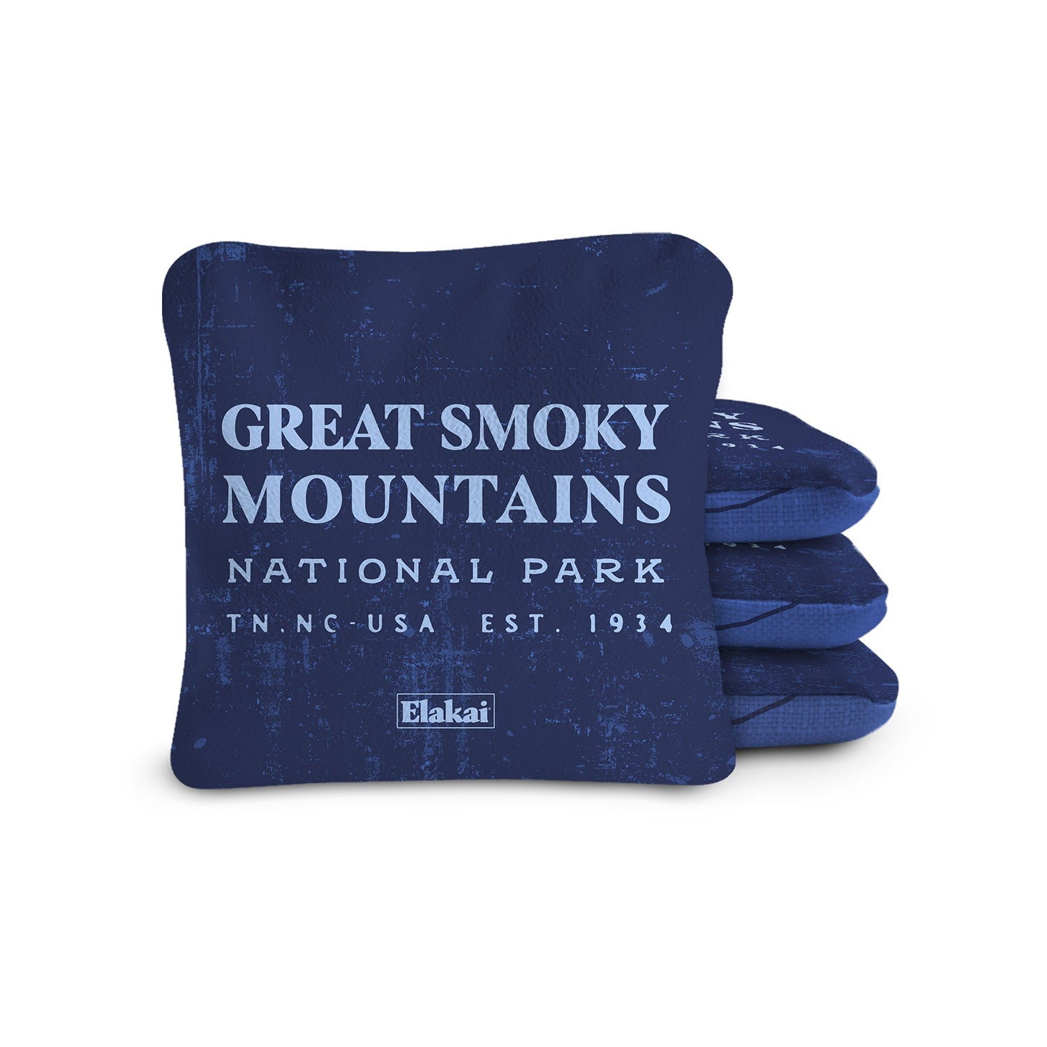Blue cornhole bags with 'Great Smoky Mountains National Park' text on a white background