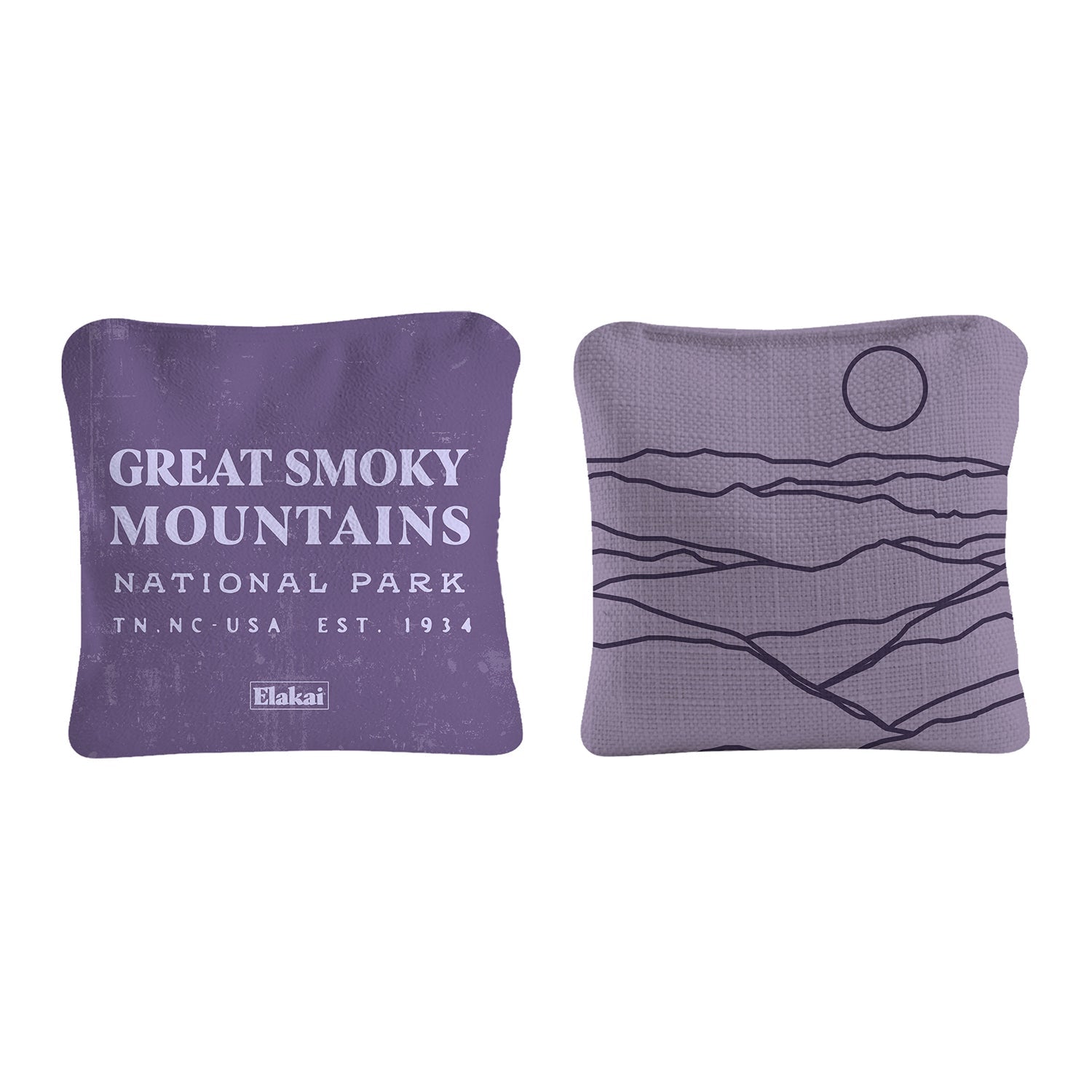 Two purple bean bags with 'Great Smoky Mountains National Park' text and mountain design on a white background.