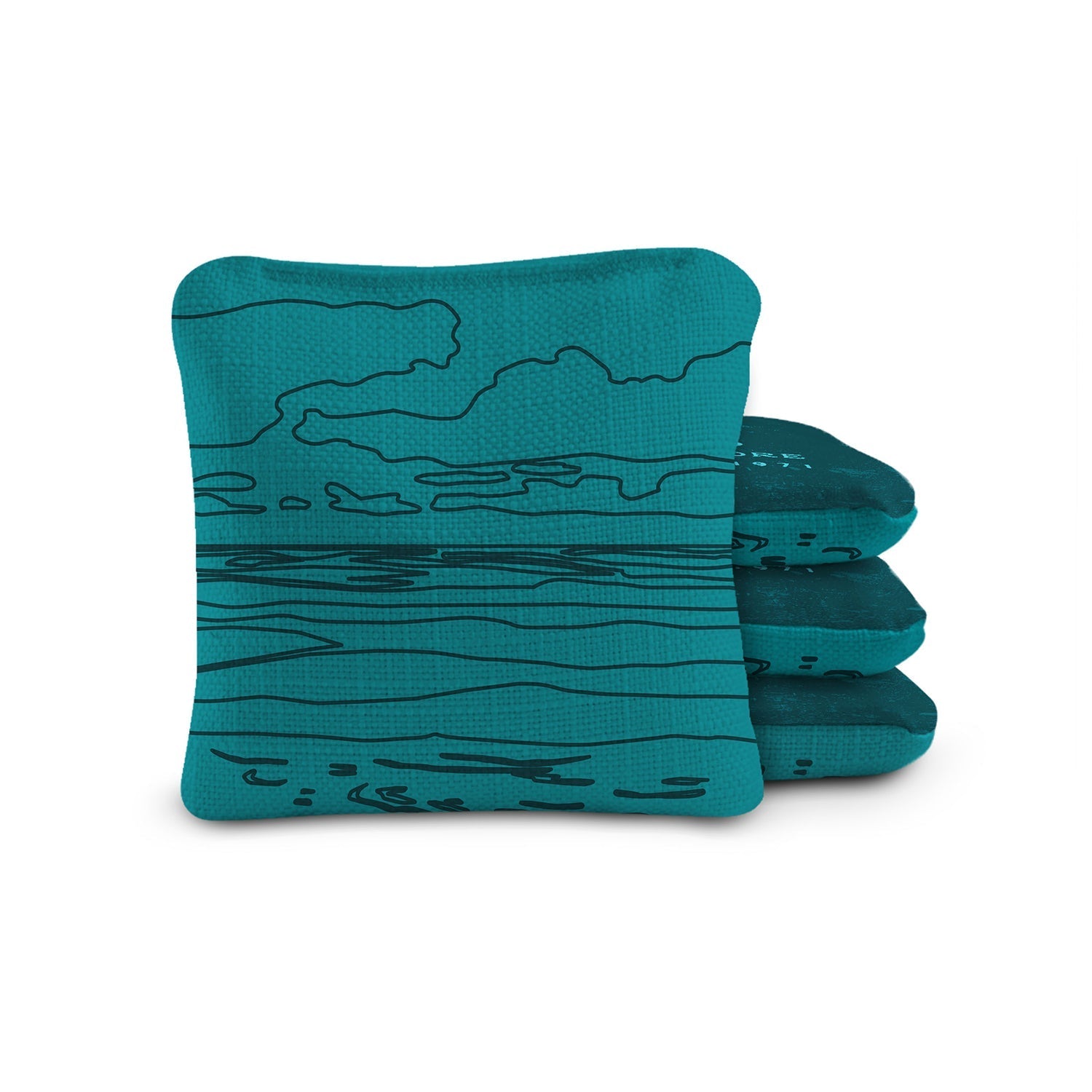 Stack of teal socks with black line art on a white background