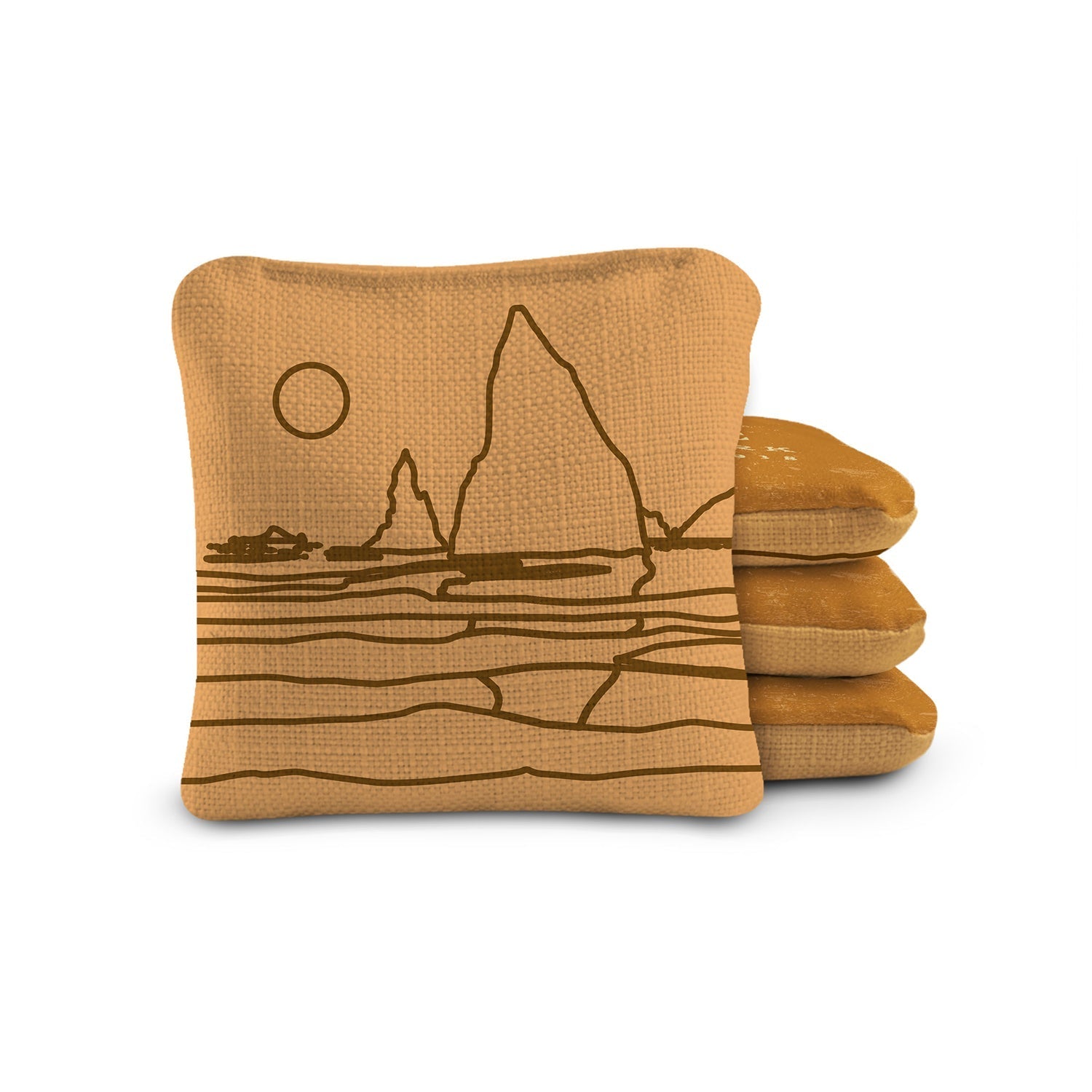 Three brown bags with a mountain design on a white background