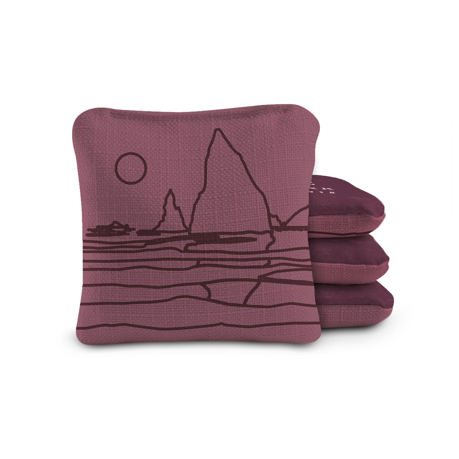 Three purple cornhole bags with a black outline design on a white background