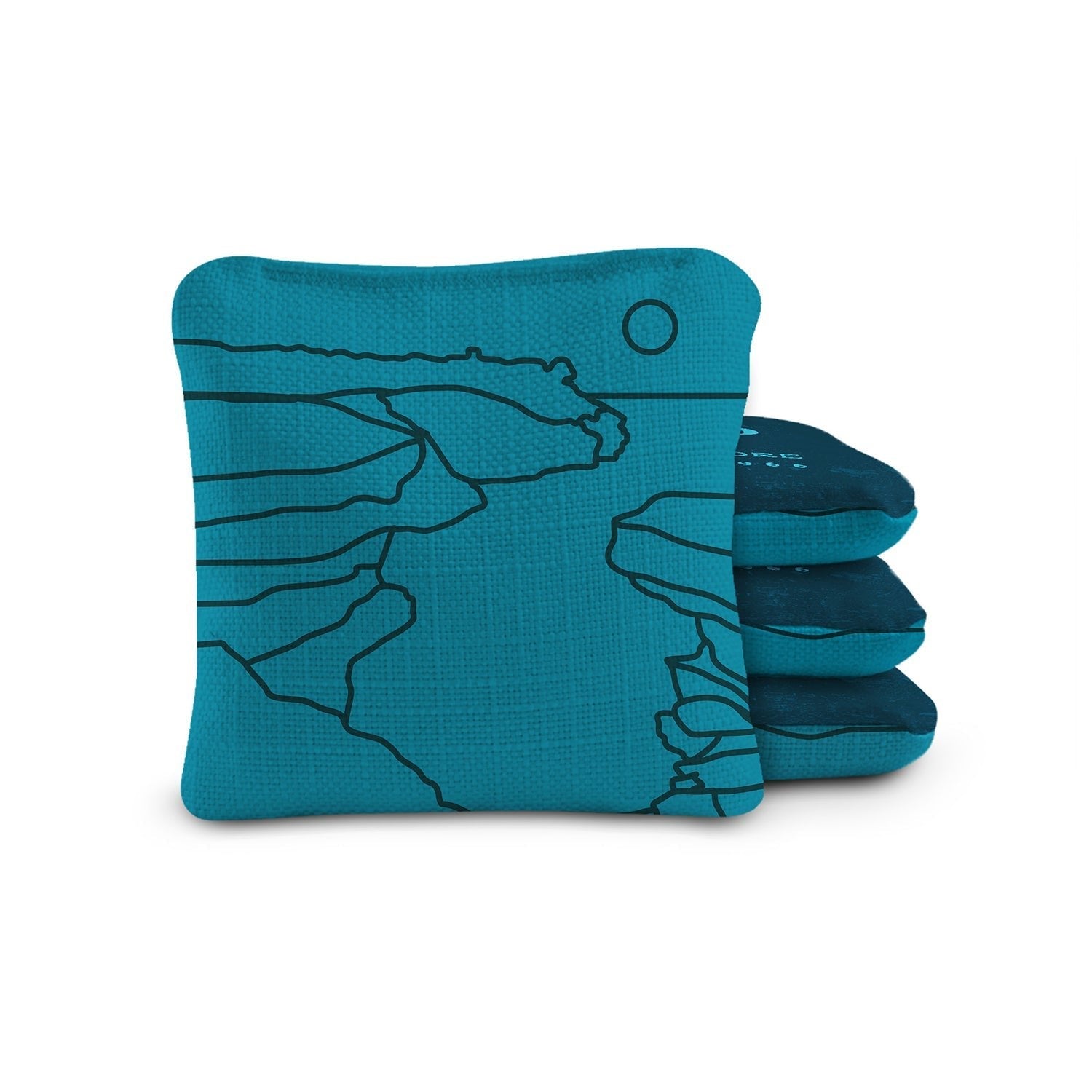 Set of blue bean bags with a design on a white background