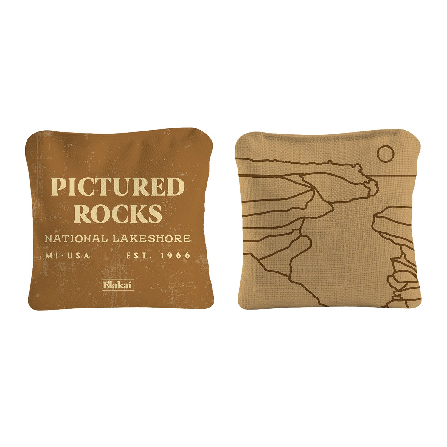 Two brown pillows with text and a map design on a white background