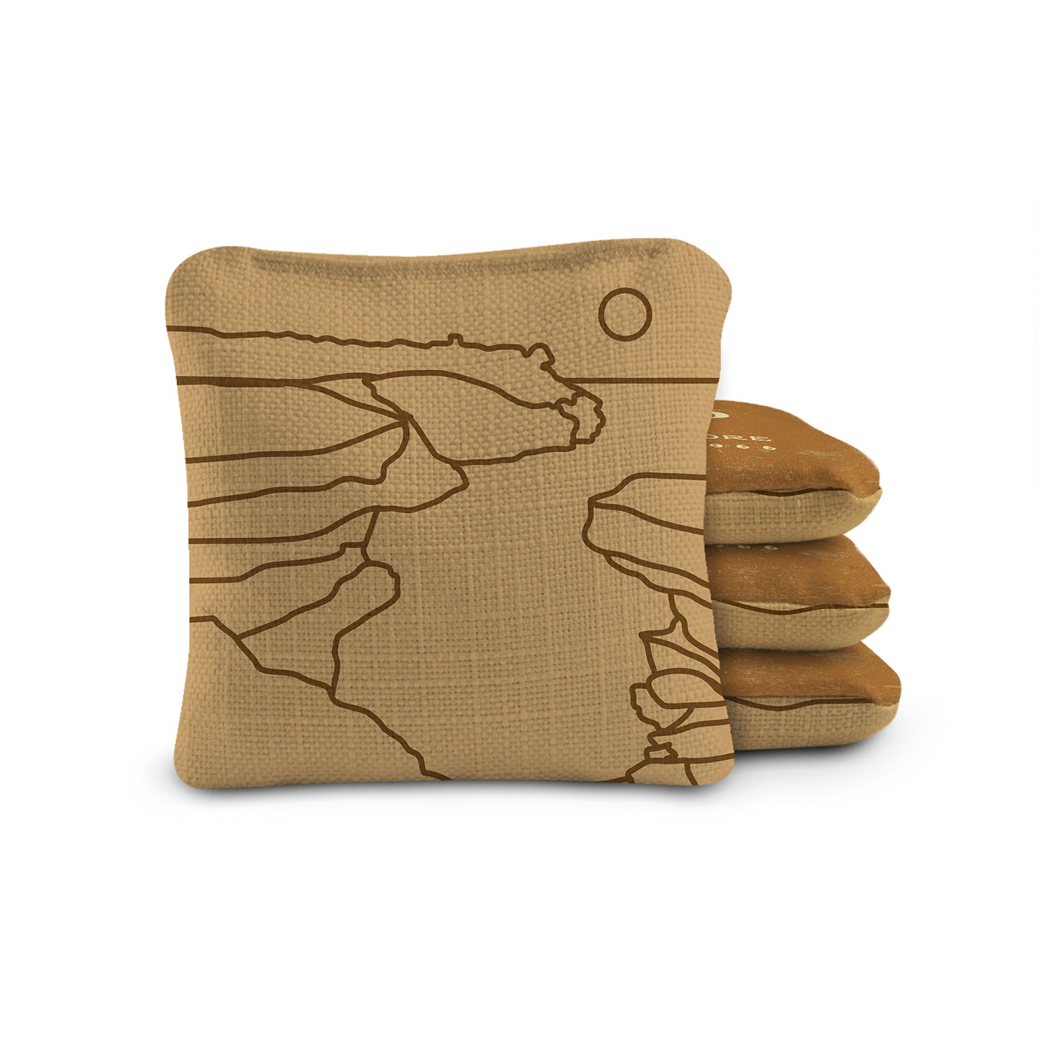 Stack of brown paper bags with a geometric design on a white background