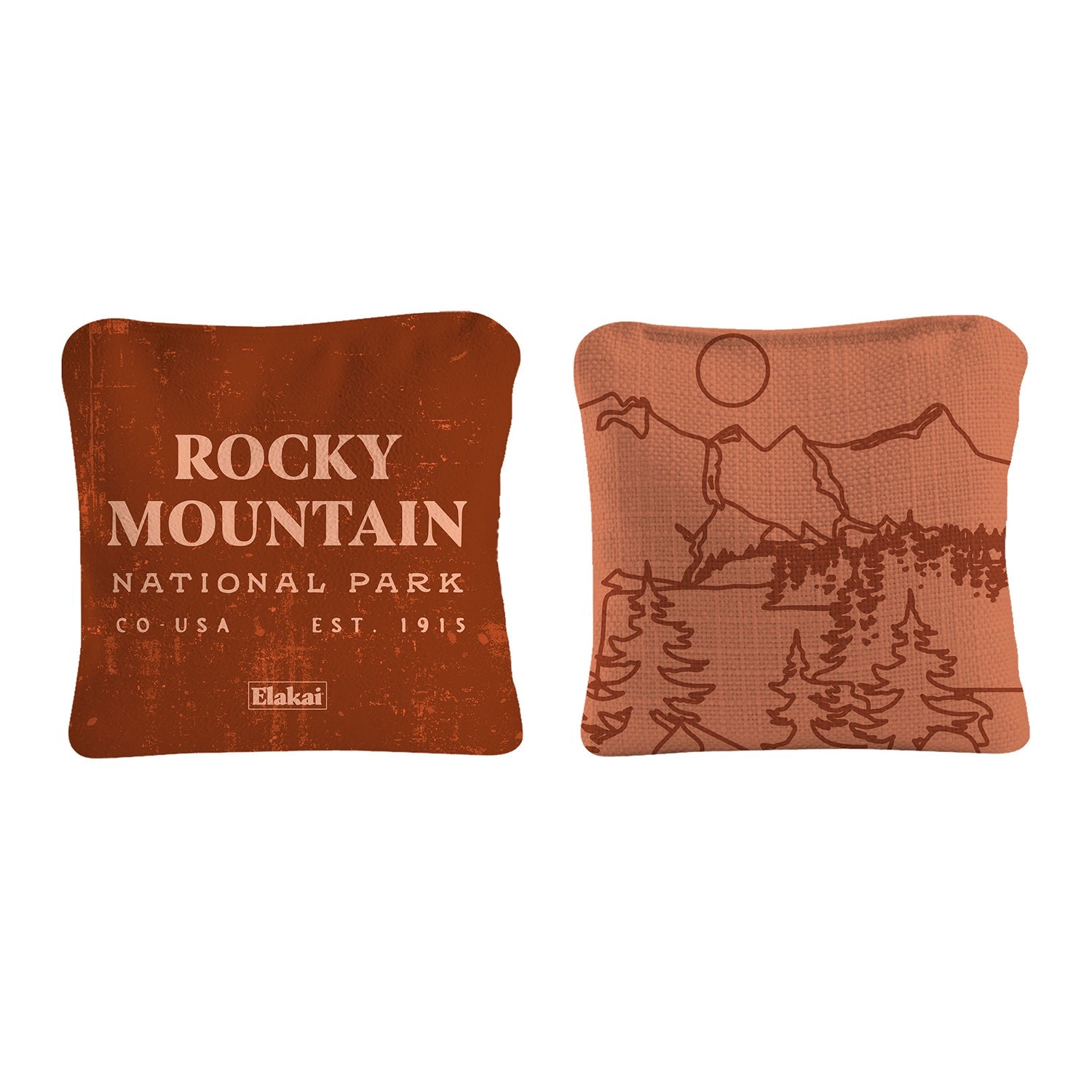 Two decorative pillows with 'Rocky Mountain National Park' text and mountain design on a white background.
