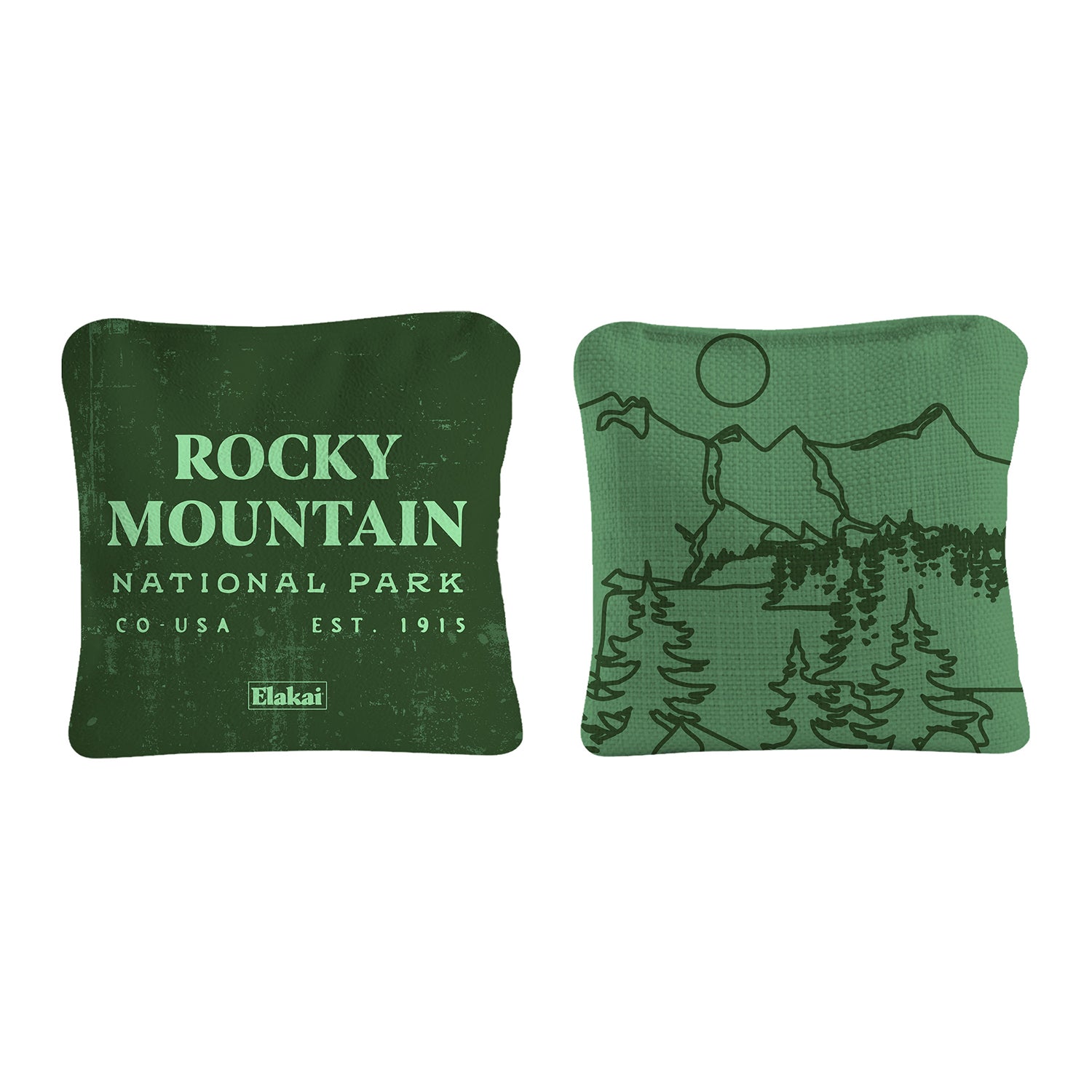 Two green pillows with 'Rocky Mountain National Park' text and mountain illustration on a white background.