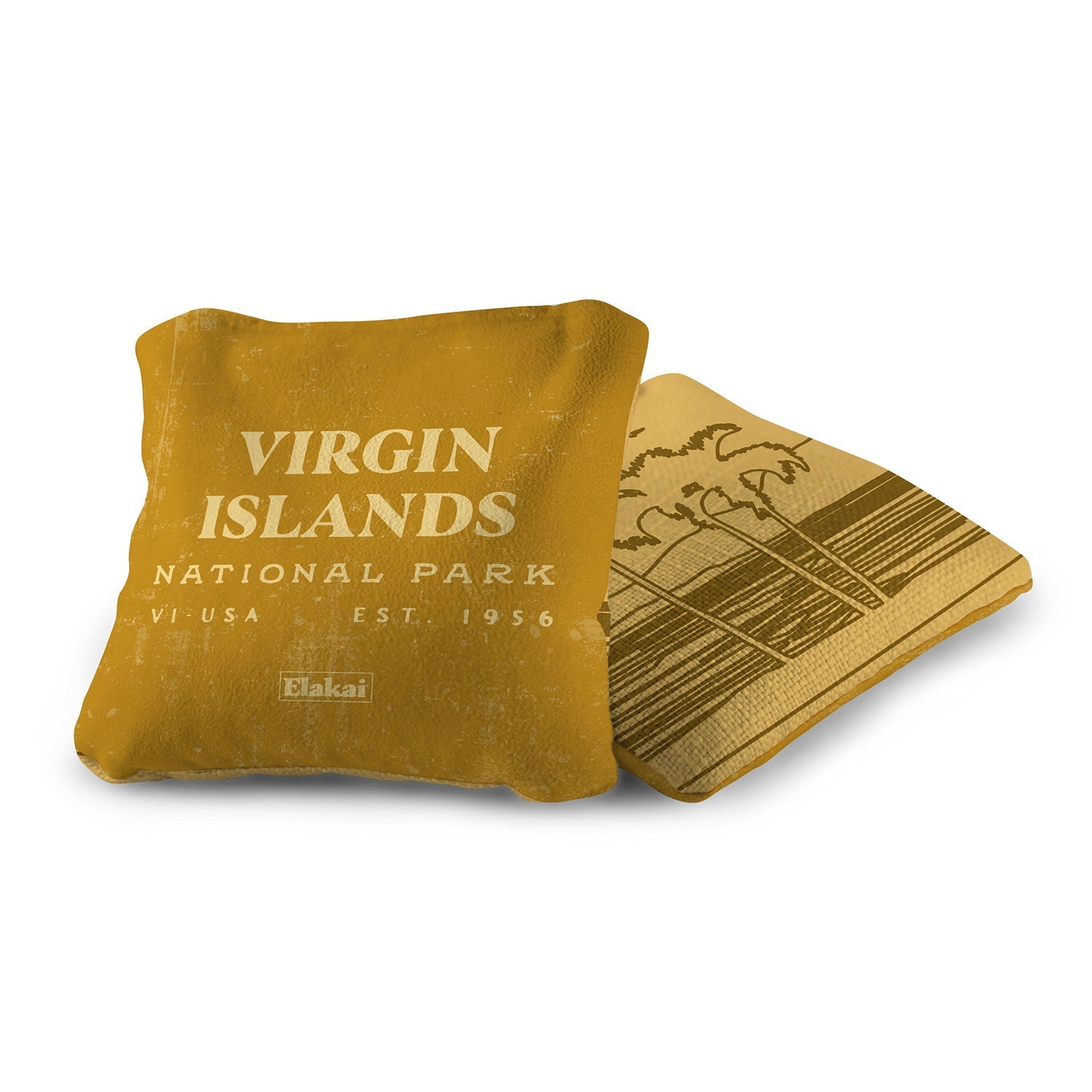 Two gold-colored coasters with 'Virgin Islands National Park' text on a white background