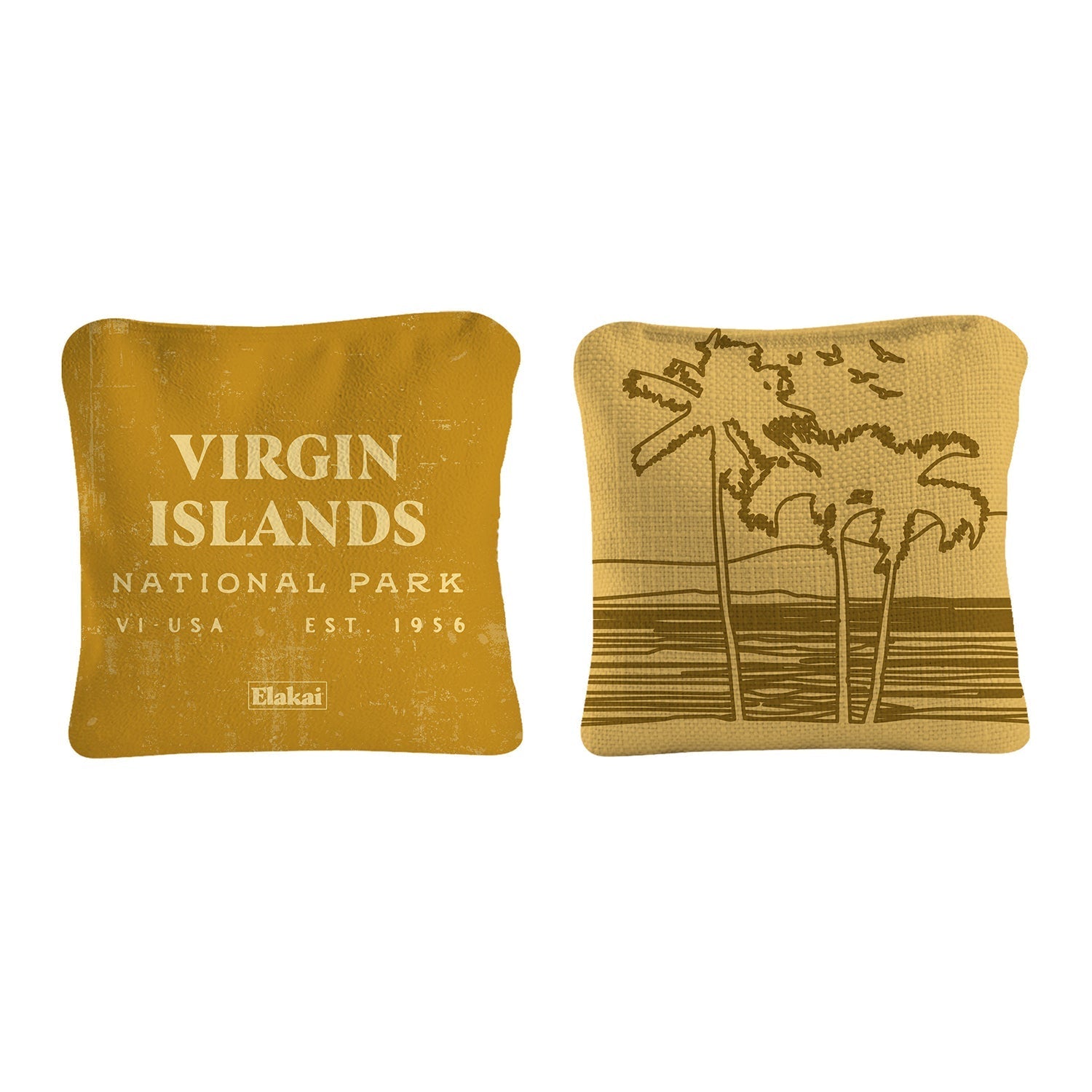 Two decorative pillows with 'Virgin Islands National Park' text and palm tree design on a white background.