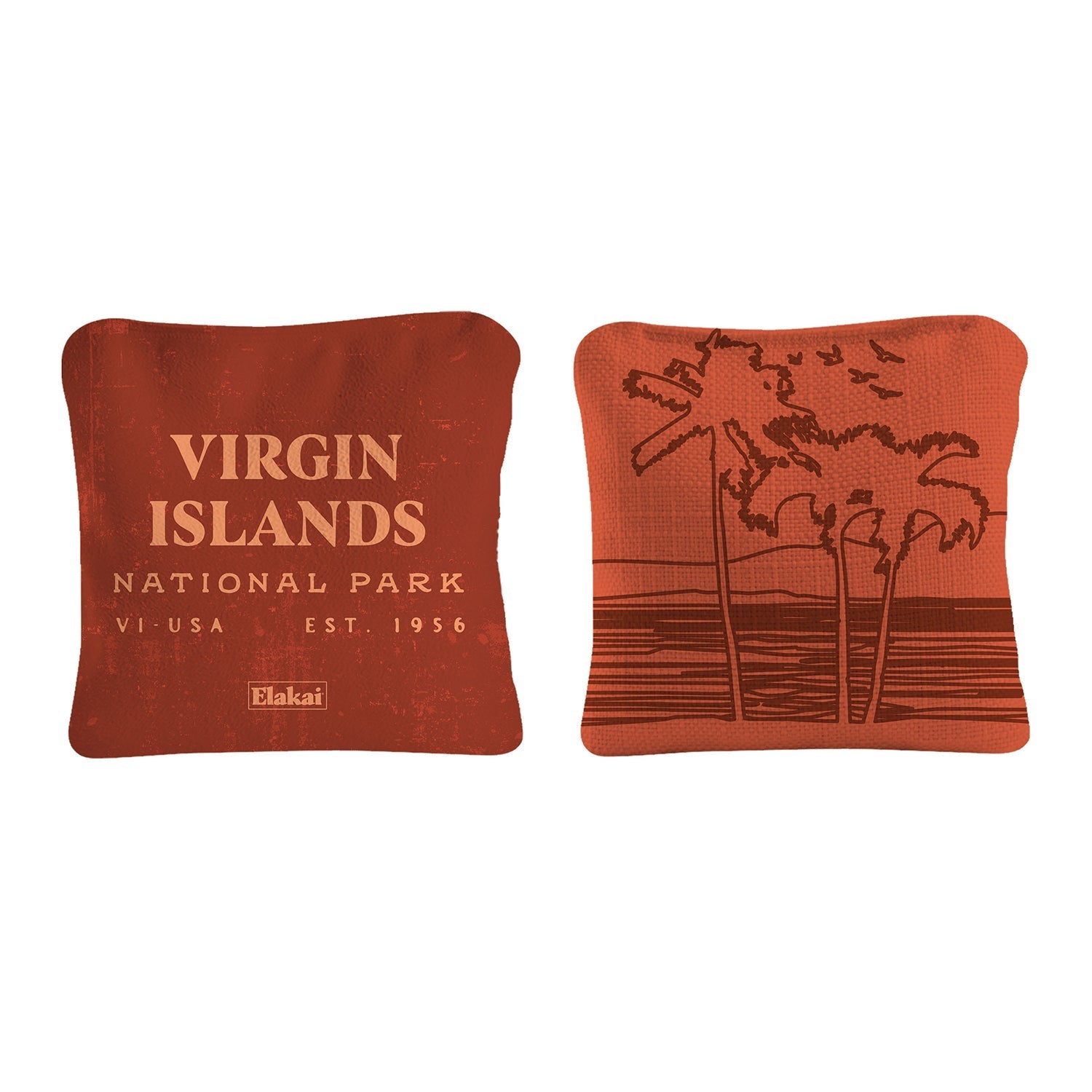 Two red pillows with 'Virgin Islands National Park' text and palm tree design on a white background