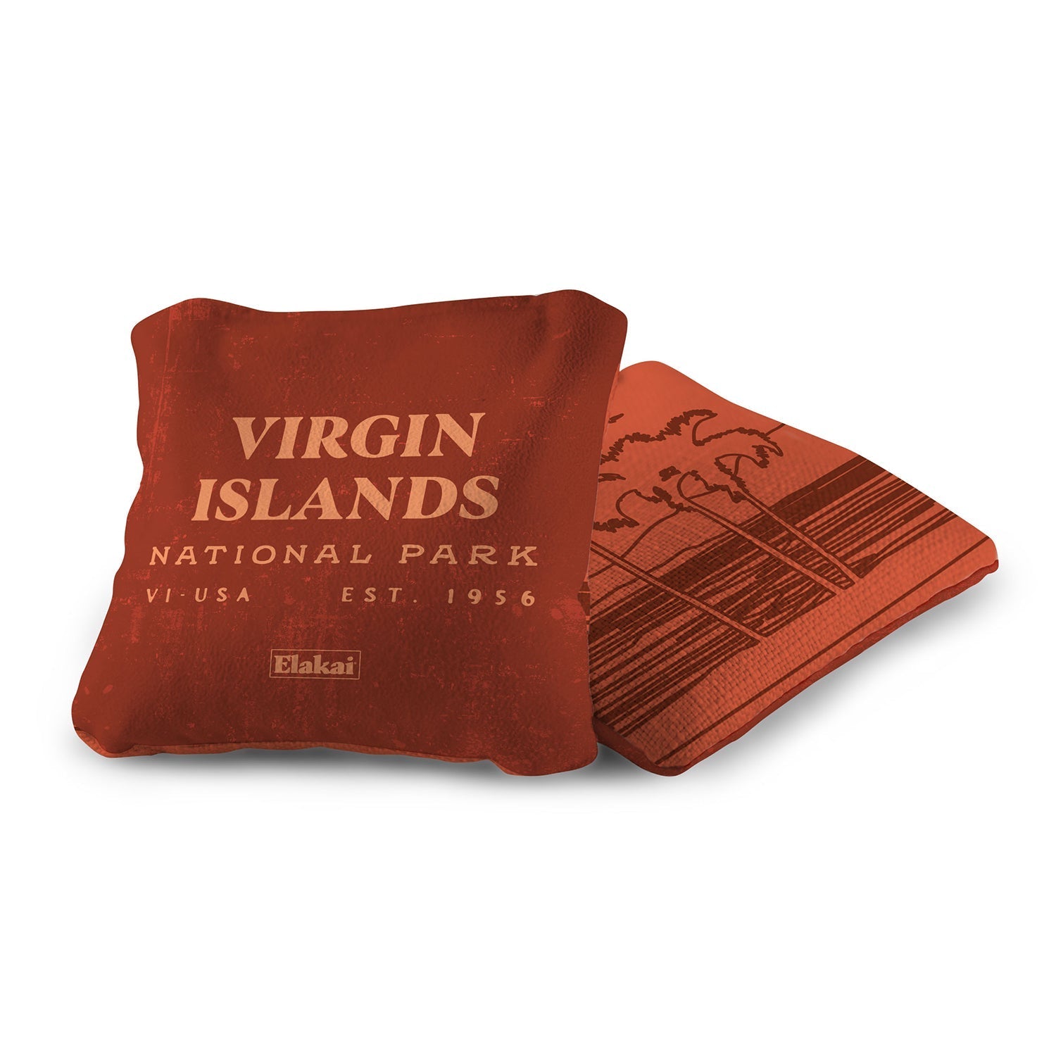 Red pillow with 'Virgin Islands National Park' text on a white background