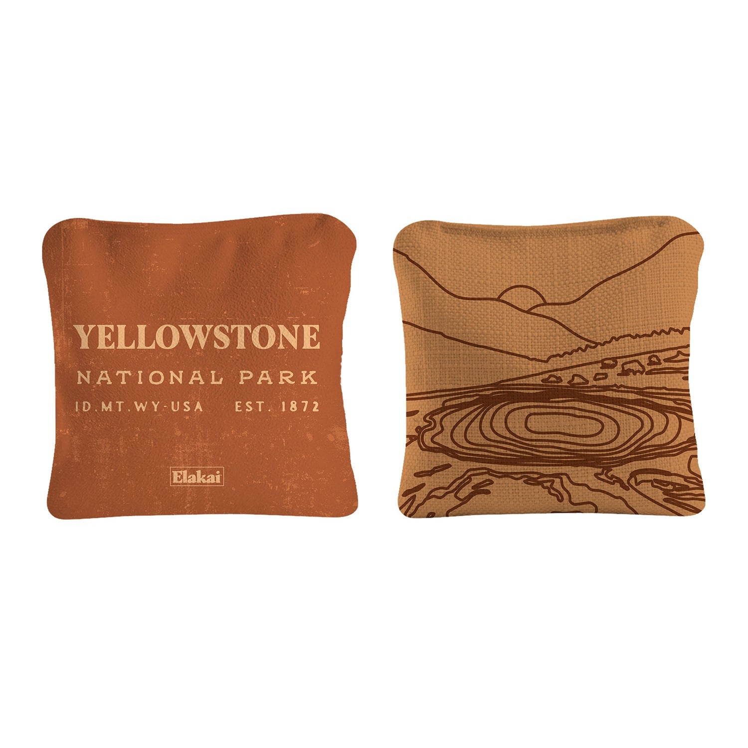 Two decorative pillows with Yellowstone National Park text and design on a white background