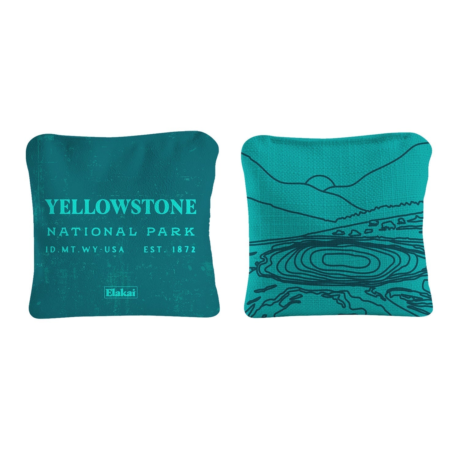 Teal pillow with 'Yellowstone National Park' text and landscape design on a white background