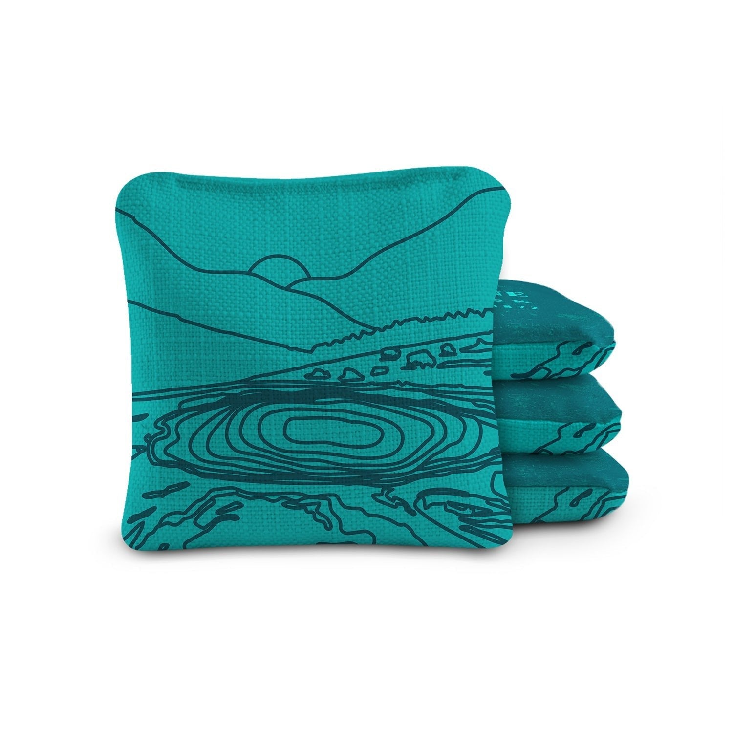 Stack of teal towels with black line art design on a white background