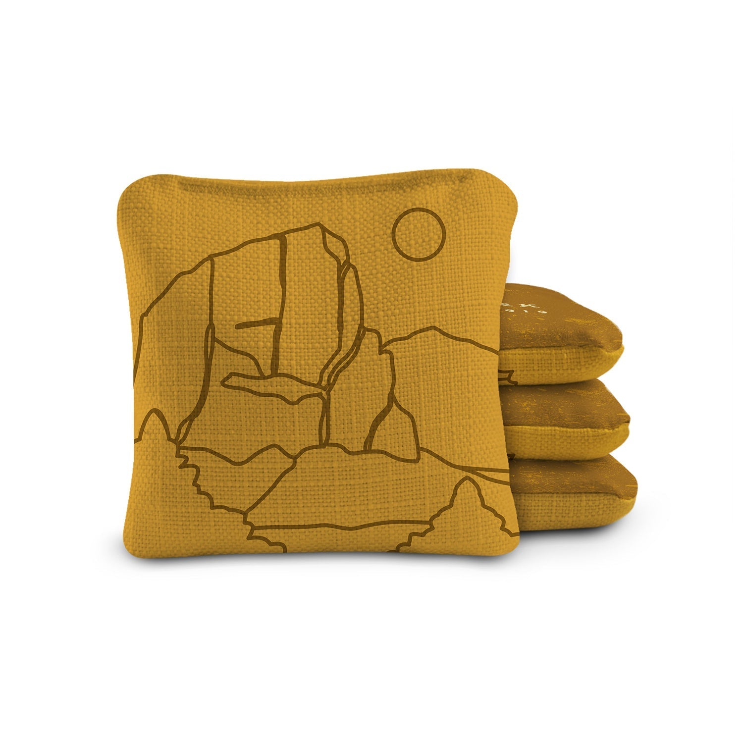 Mustard yellow bean bag with mountain design on a white background