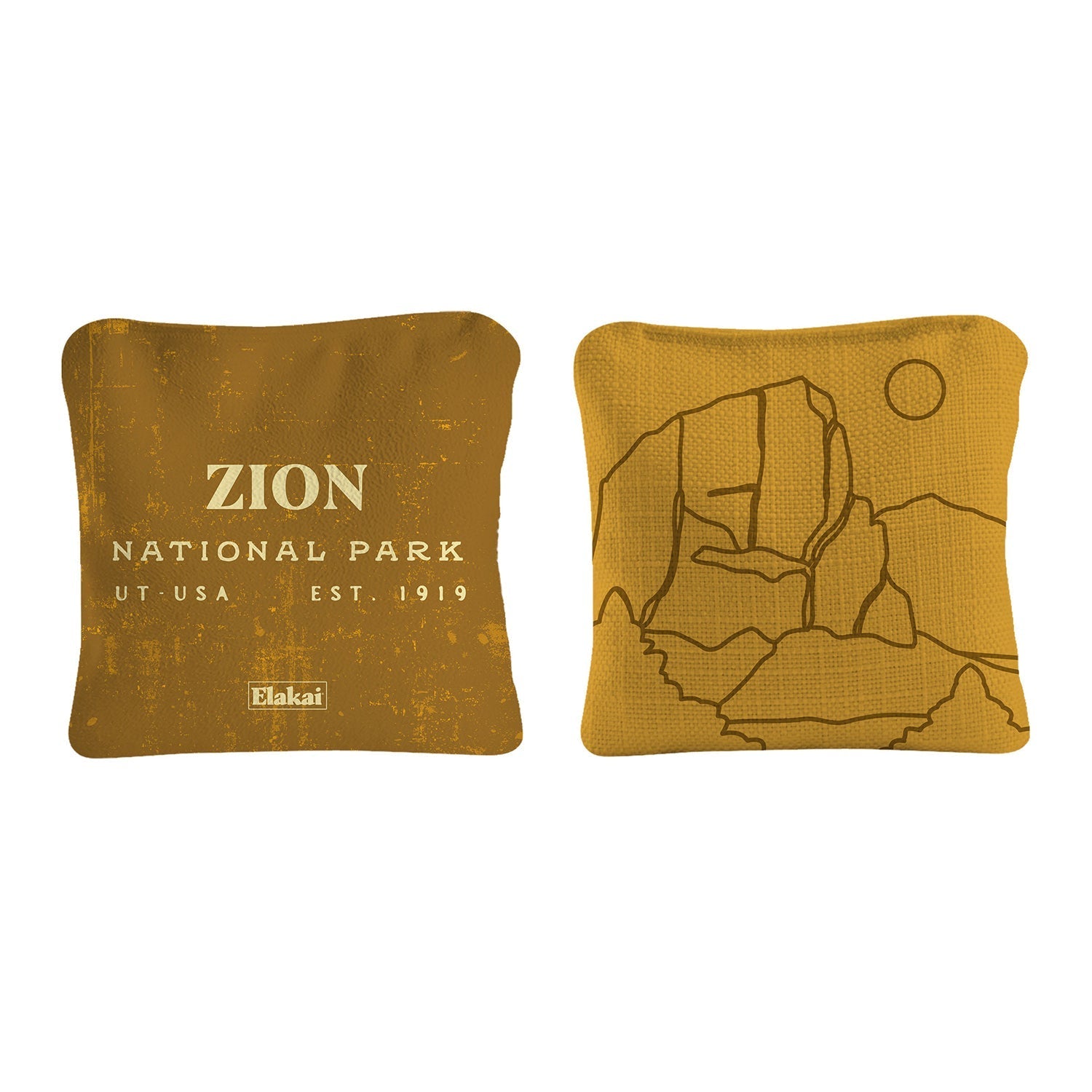 Two decorative pillows with Zion National Park design on a white background