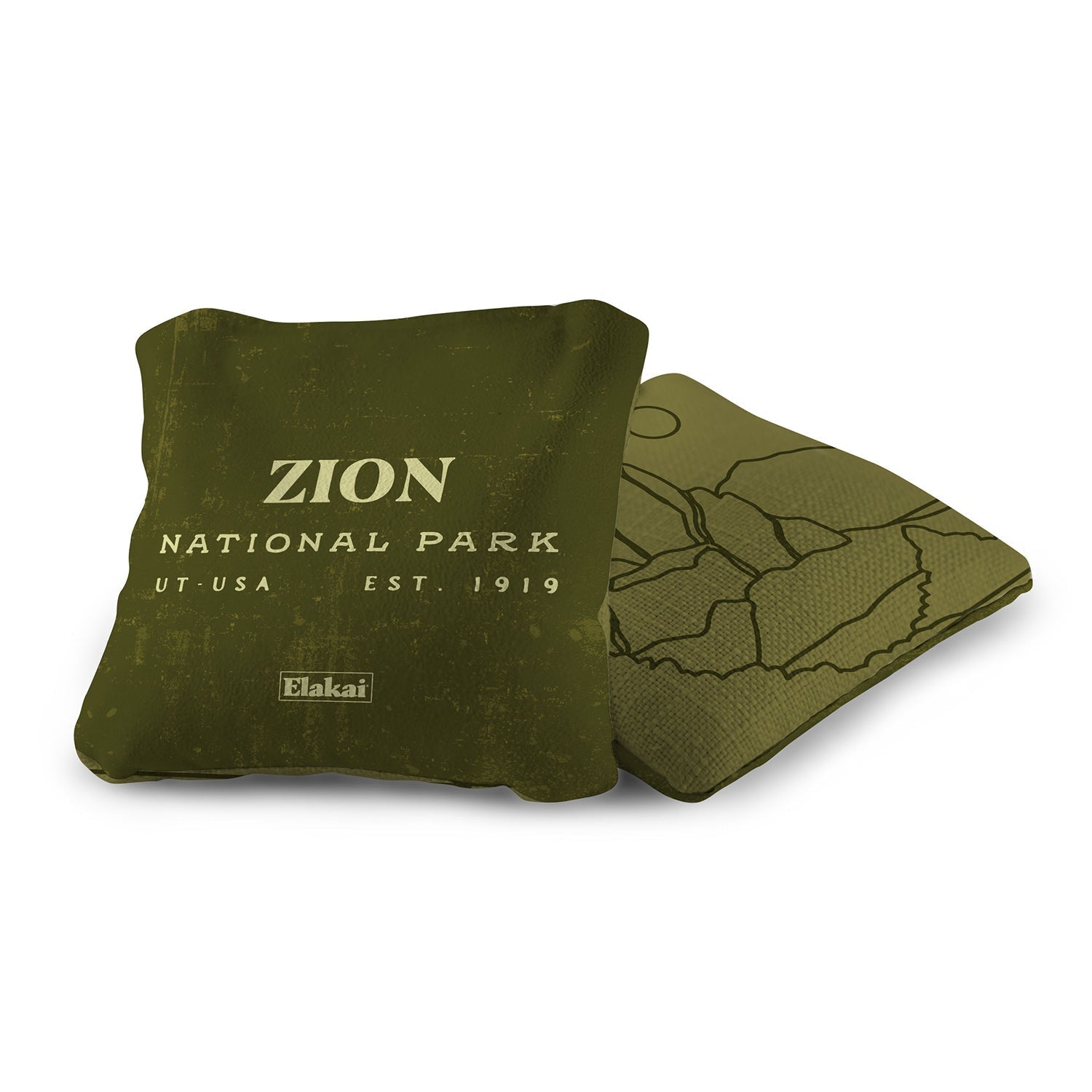Green pillow with 'Zion National Park' text on a white background