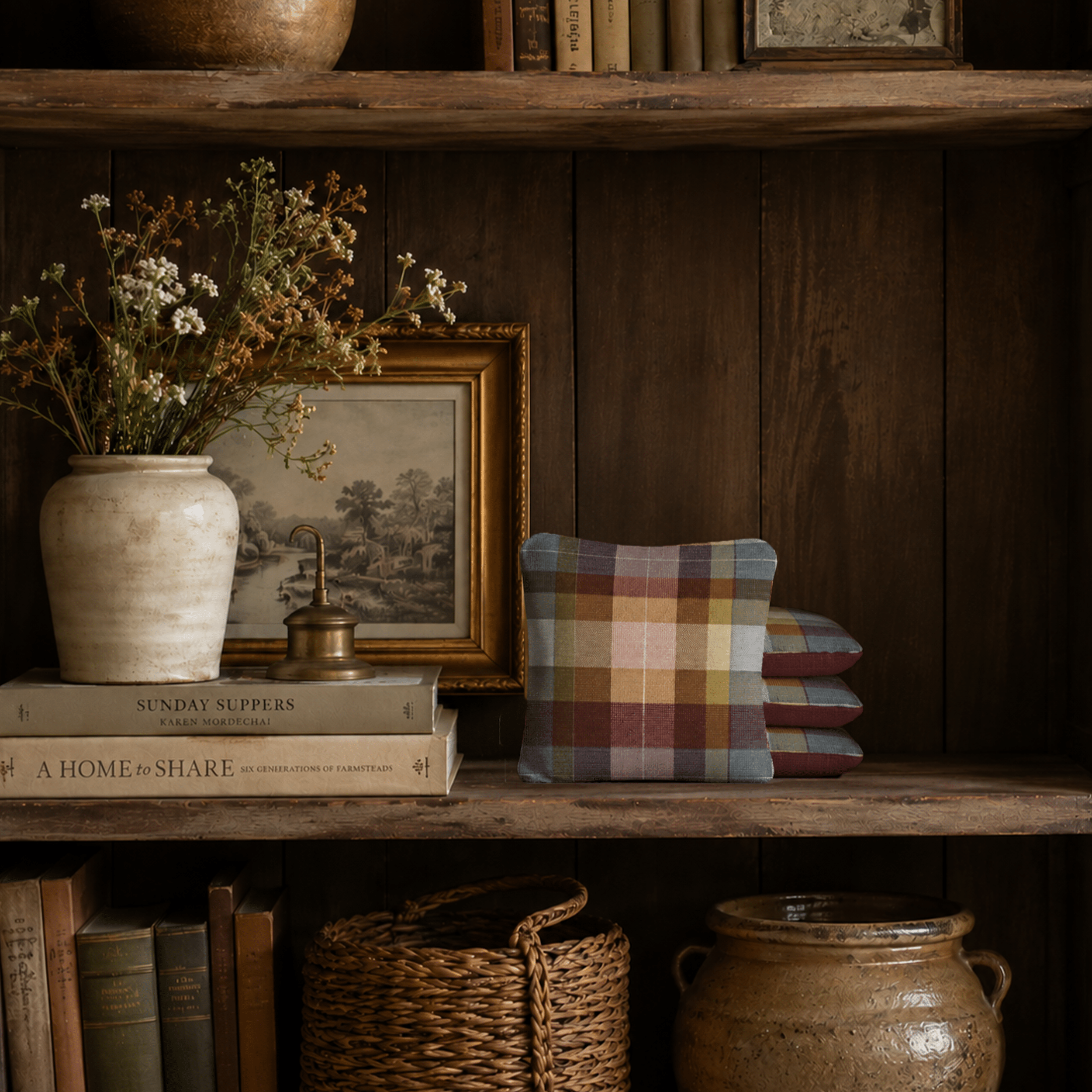 Wooden shelf with books, vase, framed picture, and plaid pillow against a wooden wall.