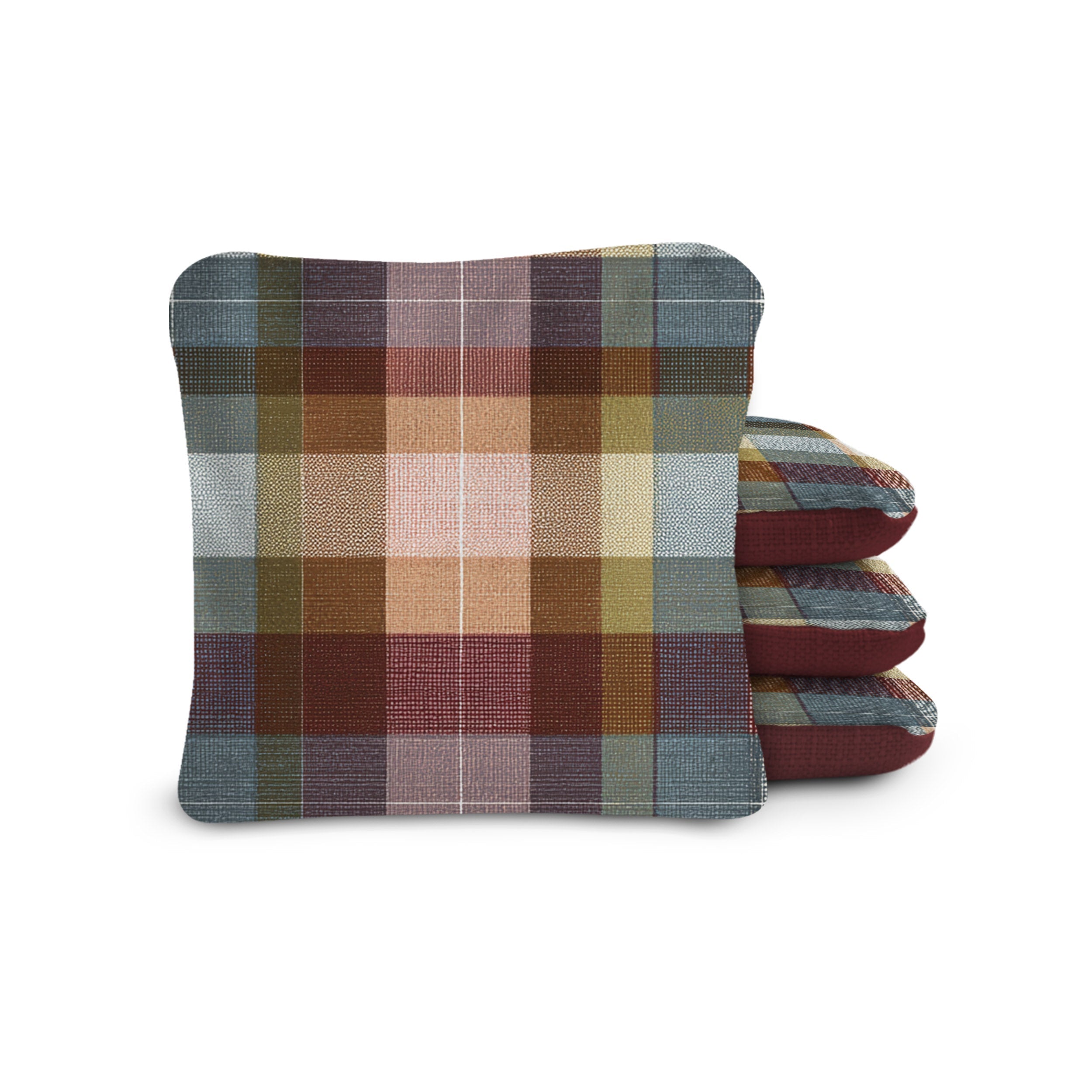 Stack of plaid fabric cushions on a white background